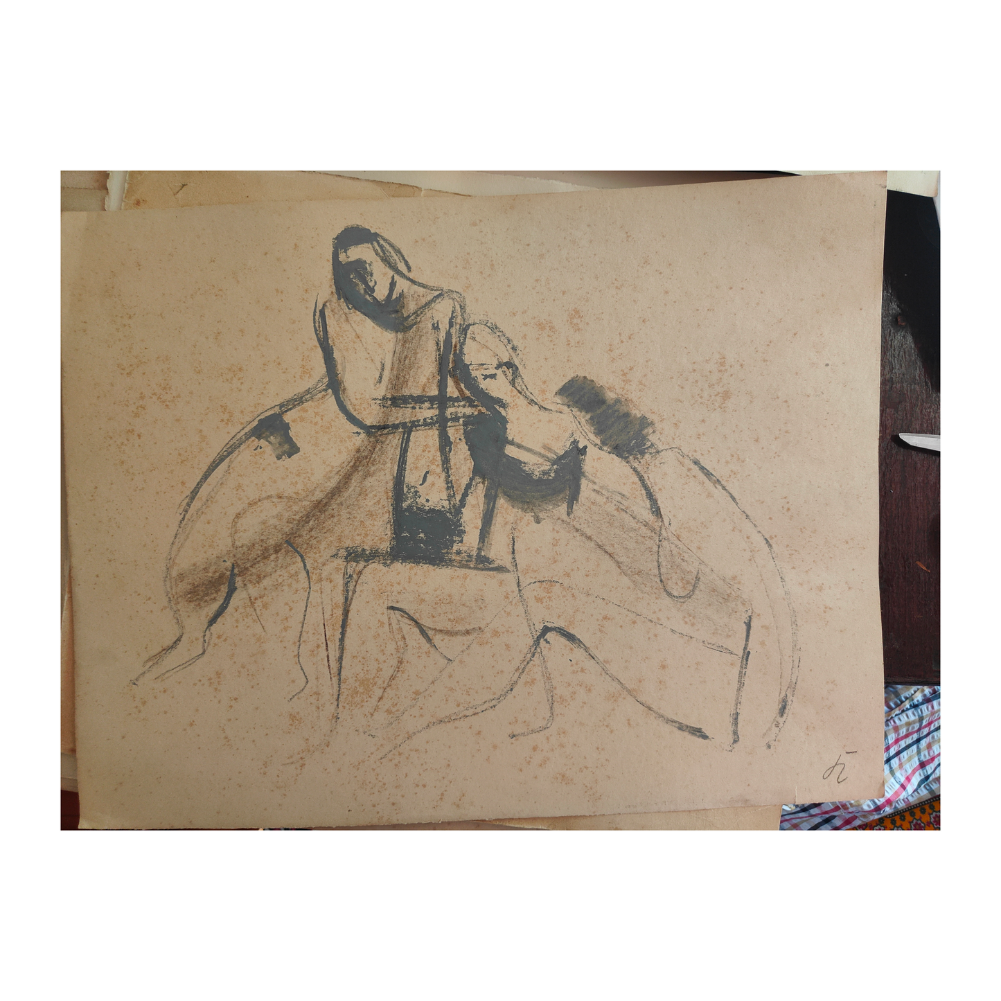 Couple aquarelle Hans Kinder scène intimiste art moderne allemand authentique monochrome