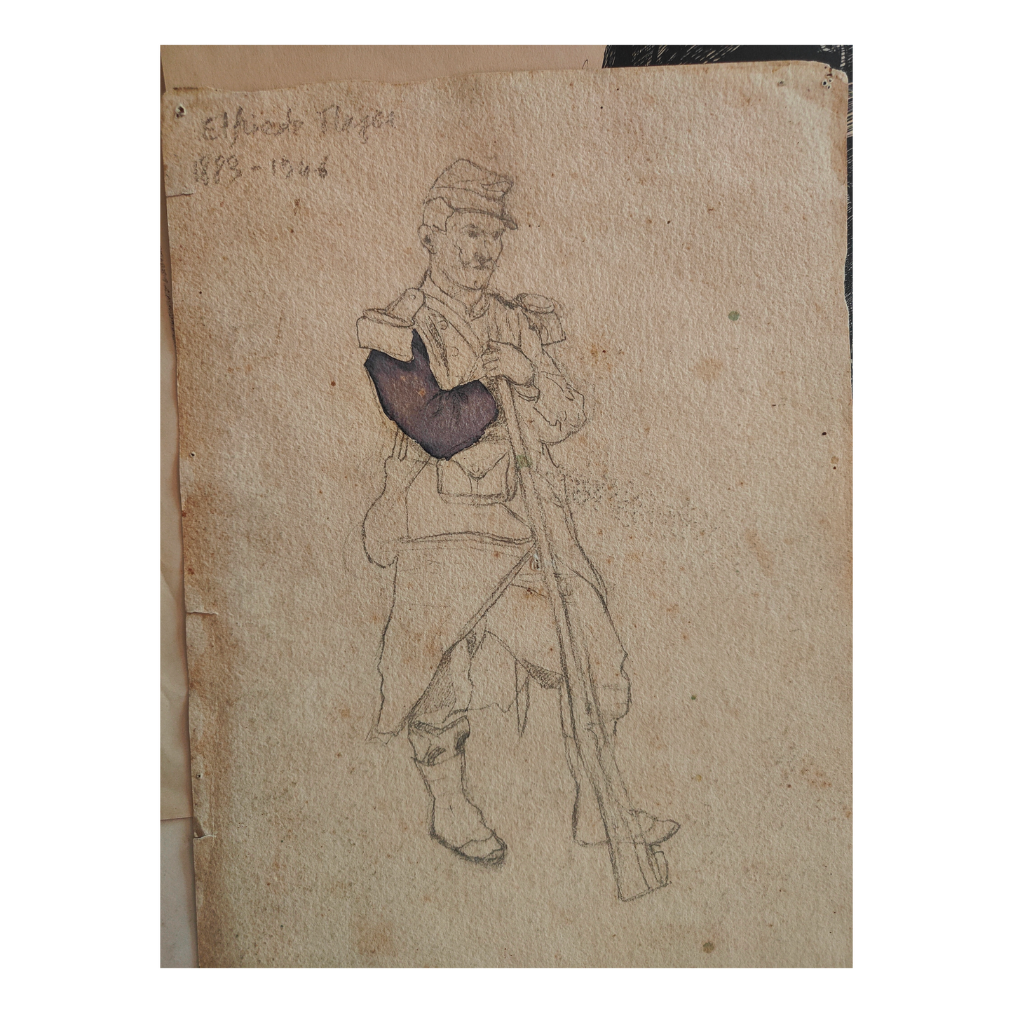 Enclos et Soldat aquarelle dessin Elfriede Mayer recto verso scène militaire art allemand authentique