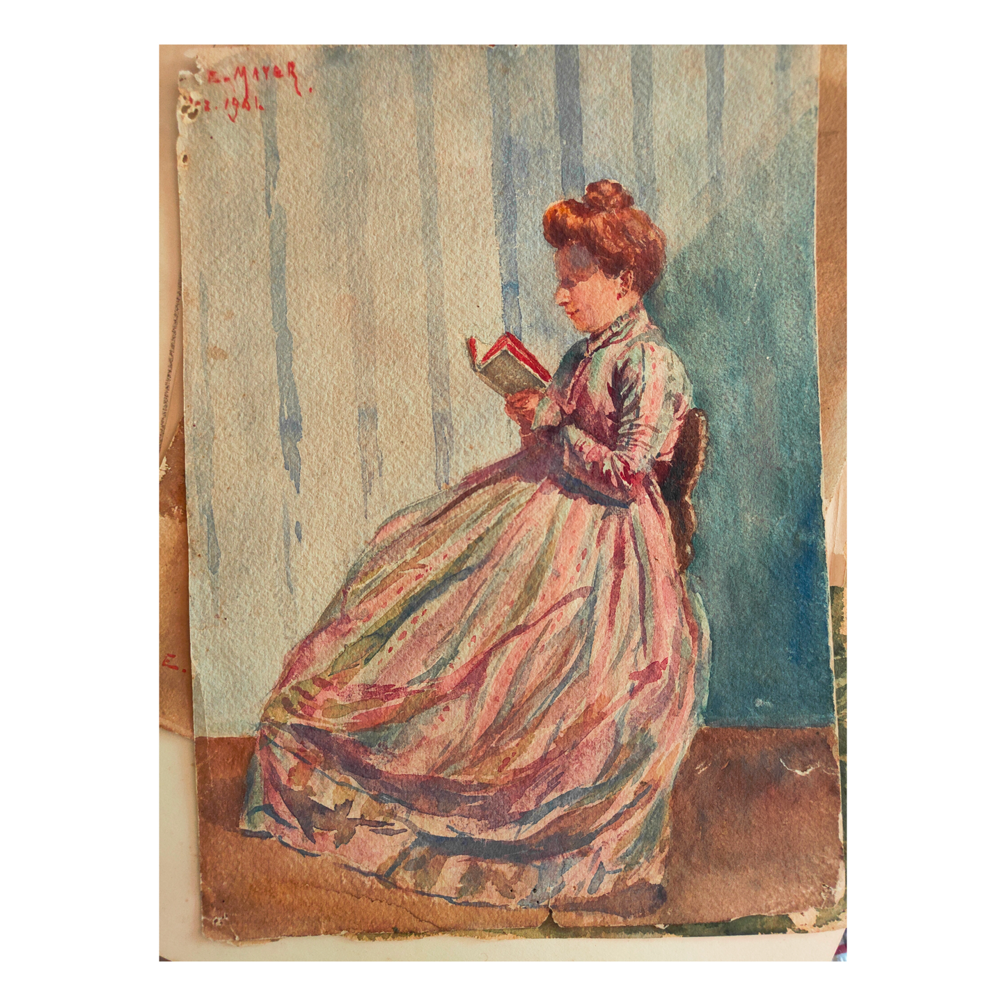 Femme Lisant aquarelle Elfriede Mayer scène intimiste lecture portrait féminin art allemand authentique