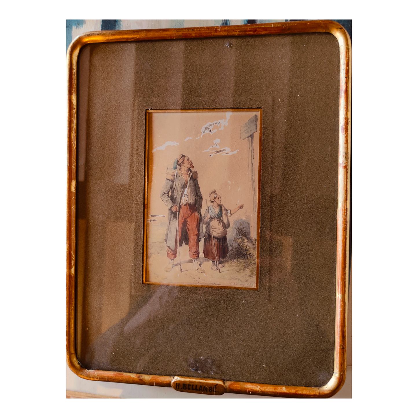 Soldat avec enfant aquarelle Hippolyte Bellangé scène militaire famille art français XIXe siècle authentique