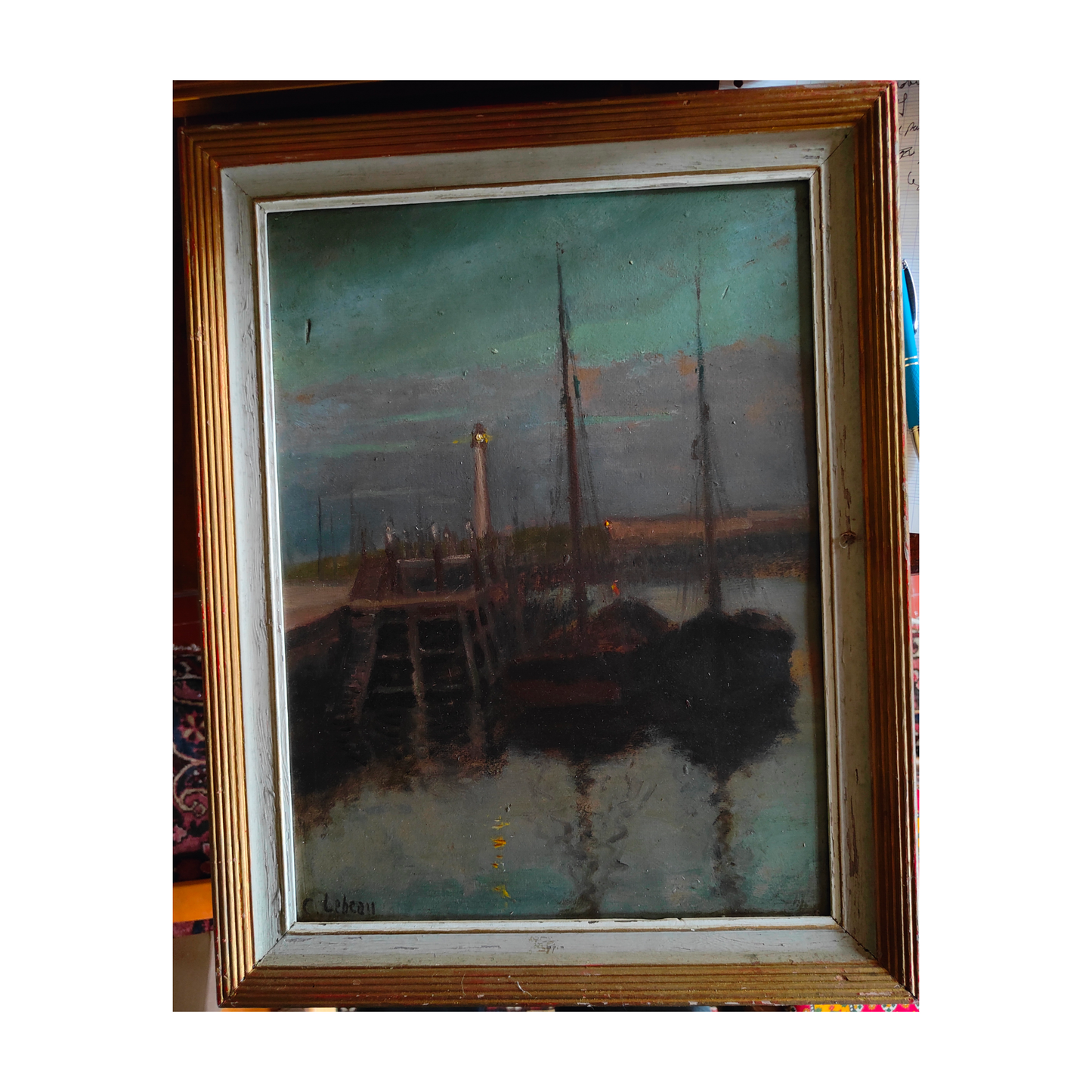 Le Port la Nuit peinture à l'huile C. Lebeau paysage nocturne portuaire atmosphère nocturne art moderne