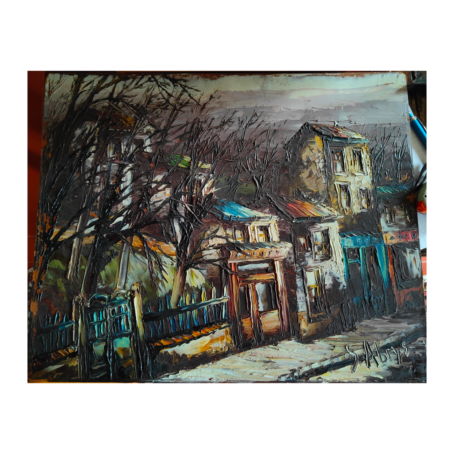 Paysage d'Hiver huile sur isorel Léon Schwarz paysage hivernal art moderne 350 euros