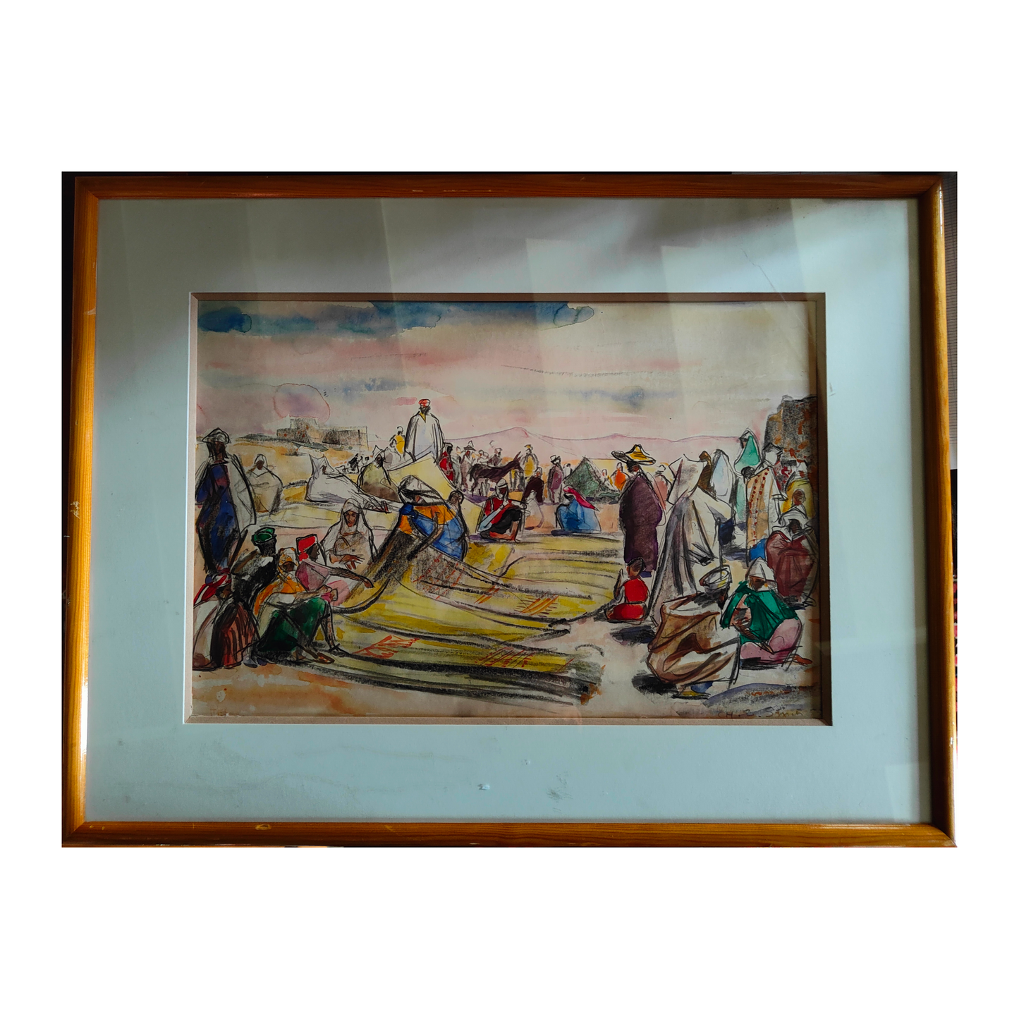 Souk aux tapis aquarelle Charles Ernest Smets scène orientaliste marché tapis art belge 27x41 cm 750 euros