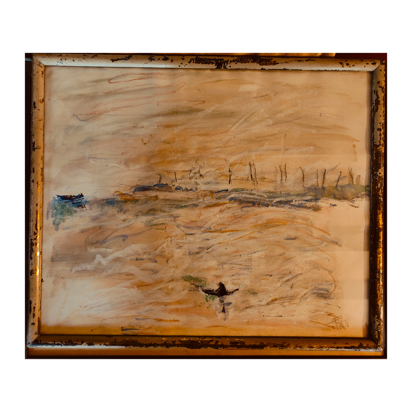 Pêcheur dessin crayon couleur scène maritime pêche art français non signé authentique