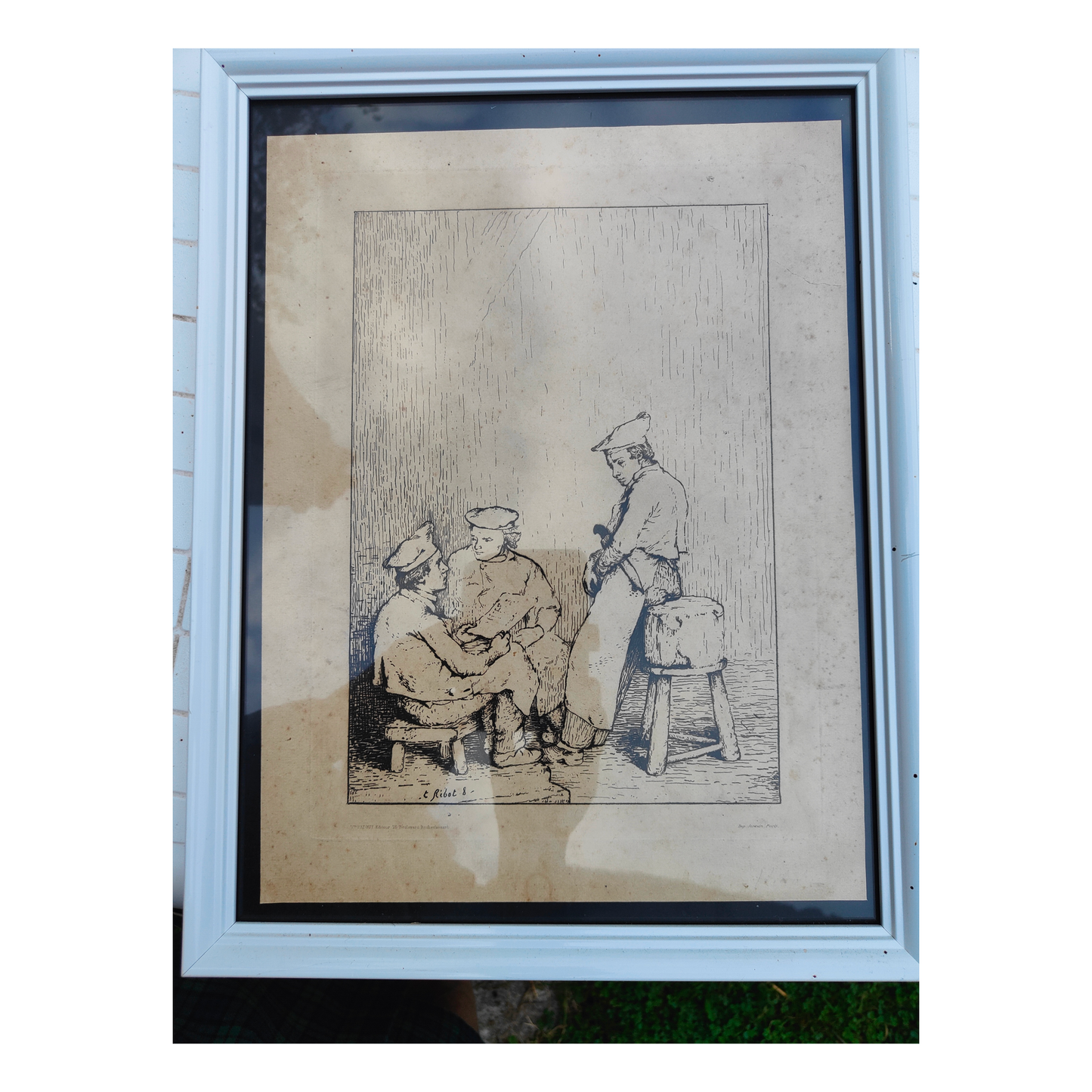 Des Cuisiniers chez Vve Fatout gravure Théodule Ribot scène culinaire intérieur de cuisine art graphique