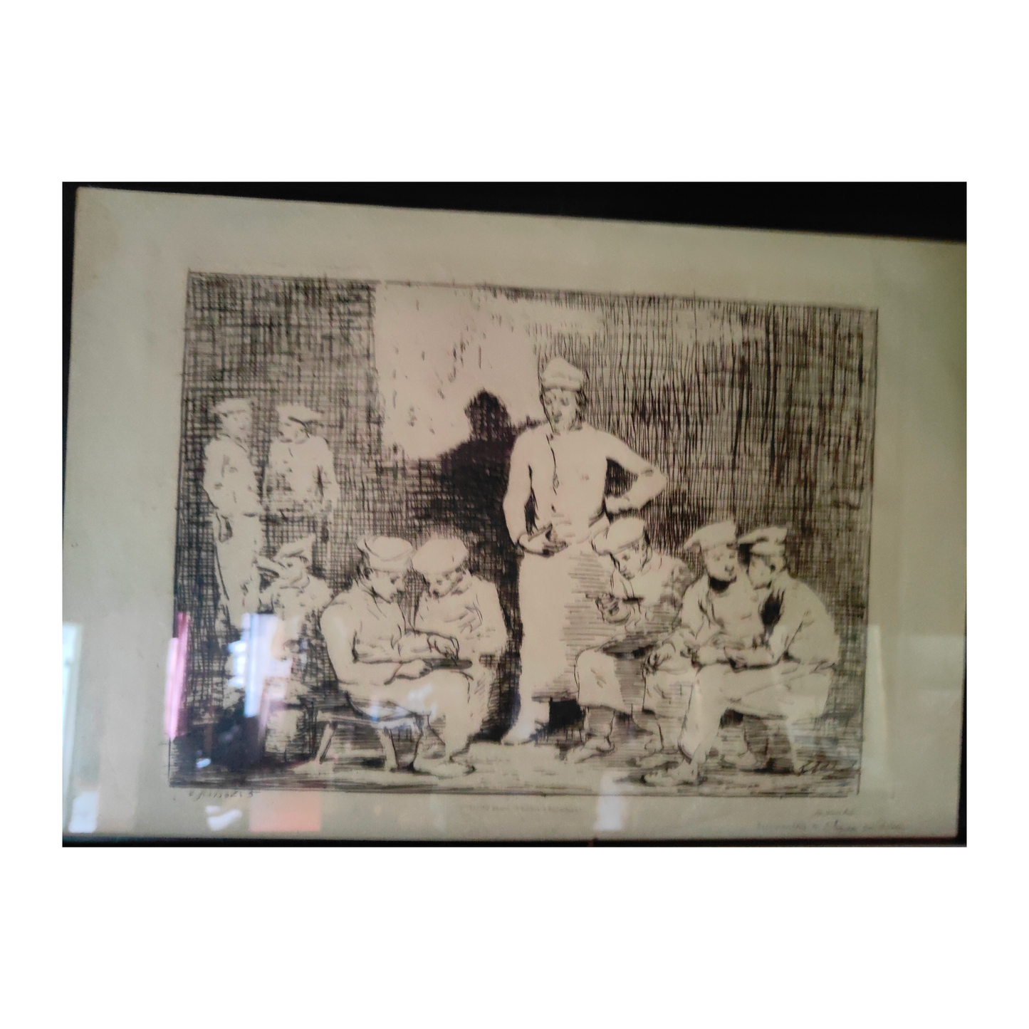 Le Repas des Cuisiniers eau-forte Théodule Ribot chez Vve Fatout scène culinaire cuisiniers repas art graphique