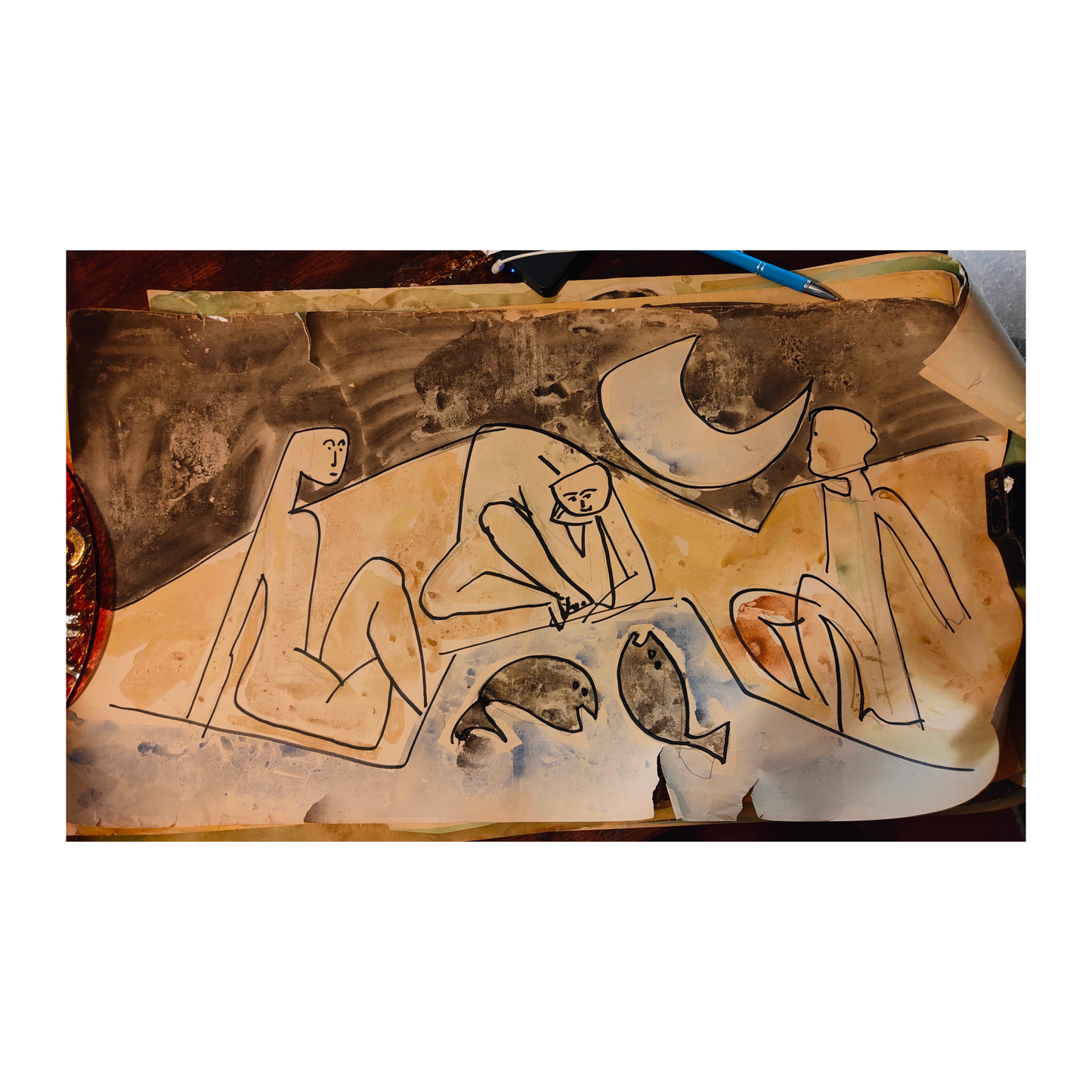 Sur la plage aux poissons aquarelle Antonio Guansé scène maritime pêche plage art espagnol authentique