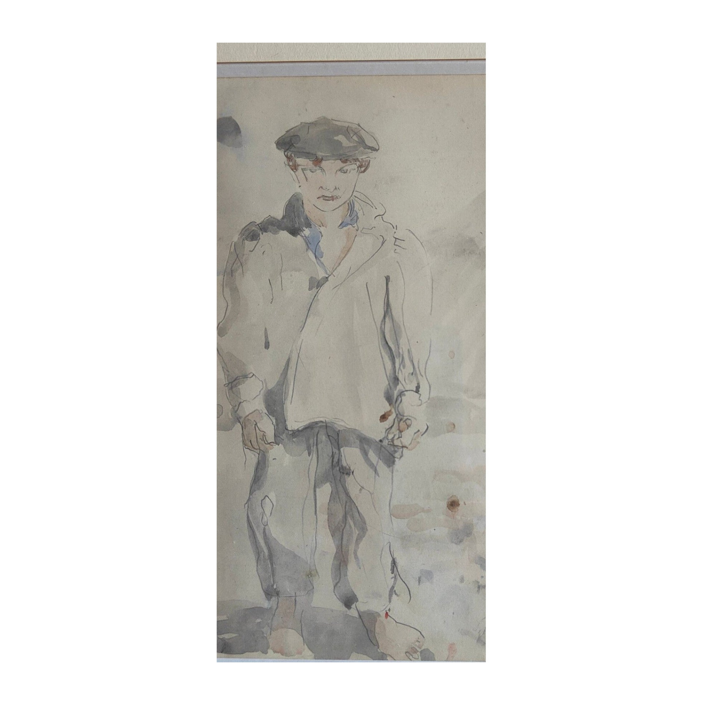 Dessin aquarellé représentant le portrait en pied d’un jeune garçon, œuvre non signée bien encadrée au format 29,5 x 39 cm