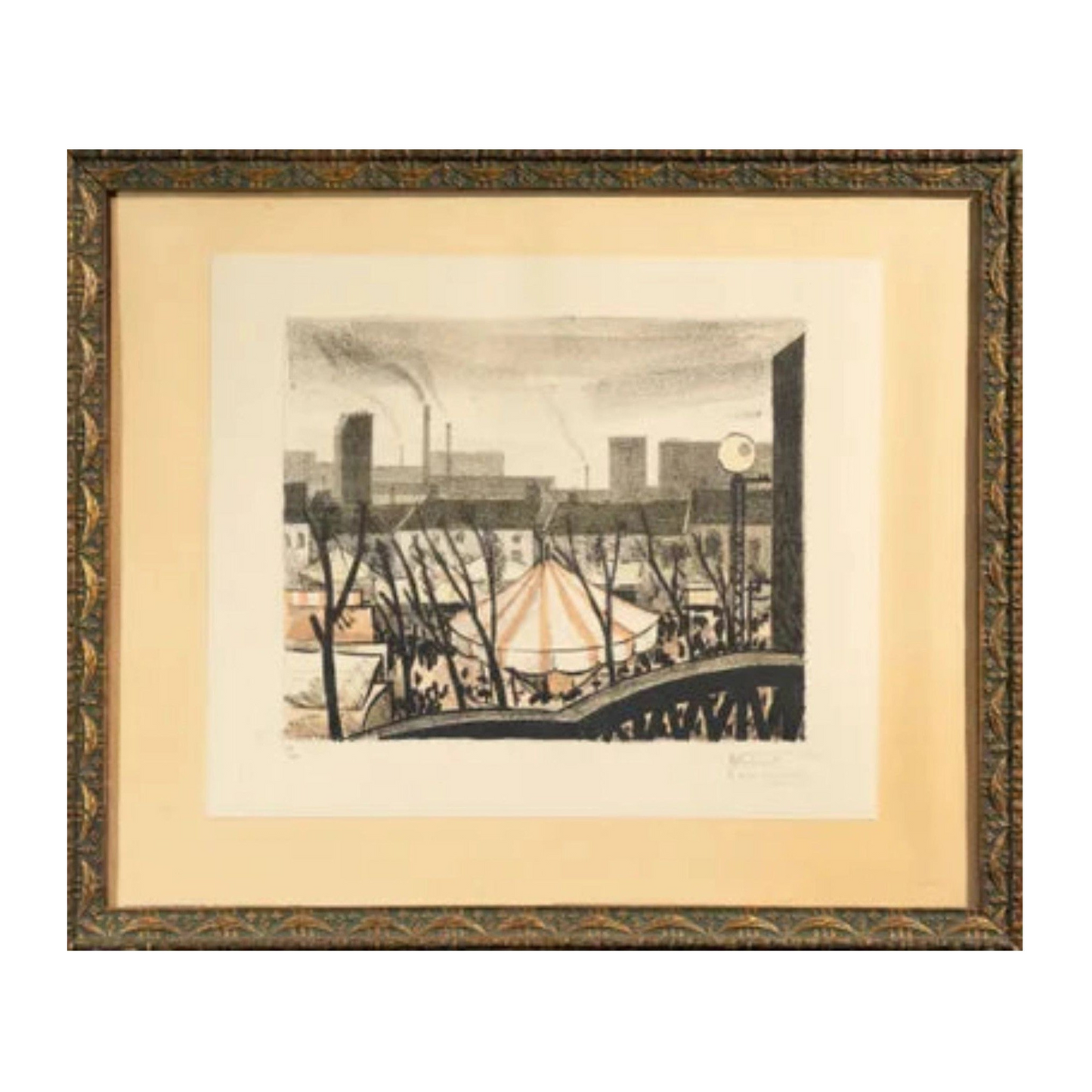 Lithographie originale Fête foraine – Manège de Louis Robert Antral, signée et numérotée 7/25, tirage en couleur vibrant, œuvre encadrée élégante et festive.