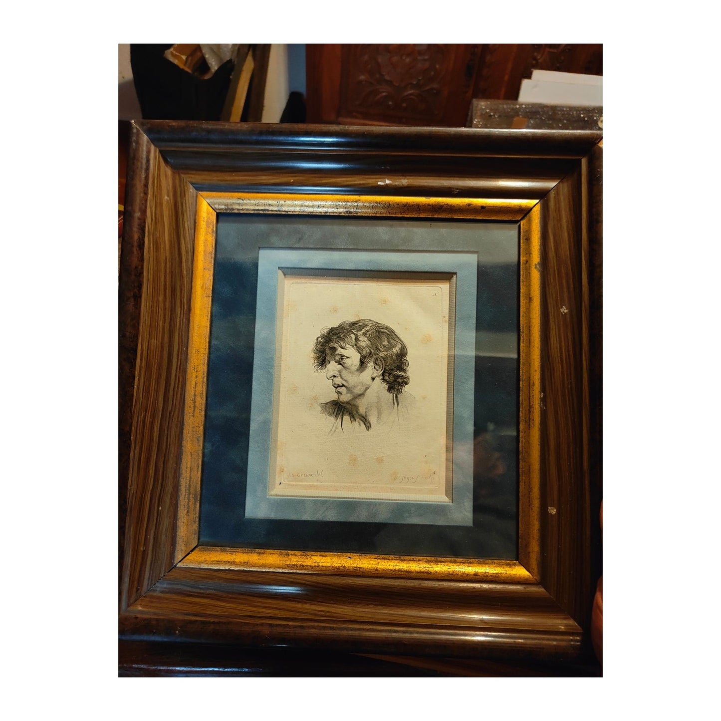 Eau-forte du XVIIIᵉ siècle Portrait d’homme d’après J.-B. Greuze, gravée par F.-R. Ingouf, estampe ancienne élégamment encadrée sous verre, œuvre de collection.