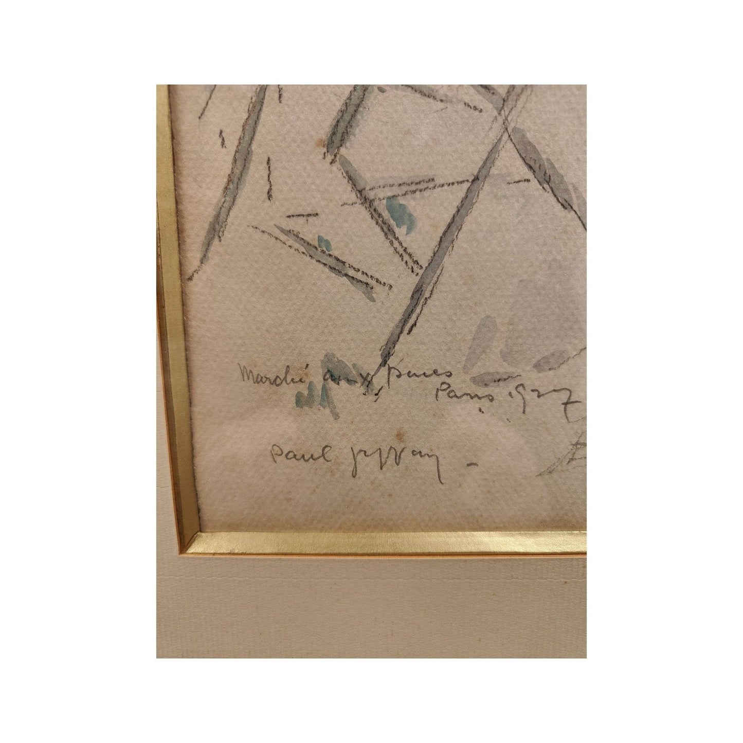 Aquarelle marché aux puces Paris 1927, scène de rue parisienne, signée Paul Jeffay, encadrée 35x42cm