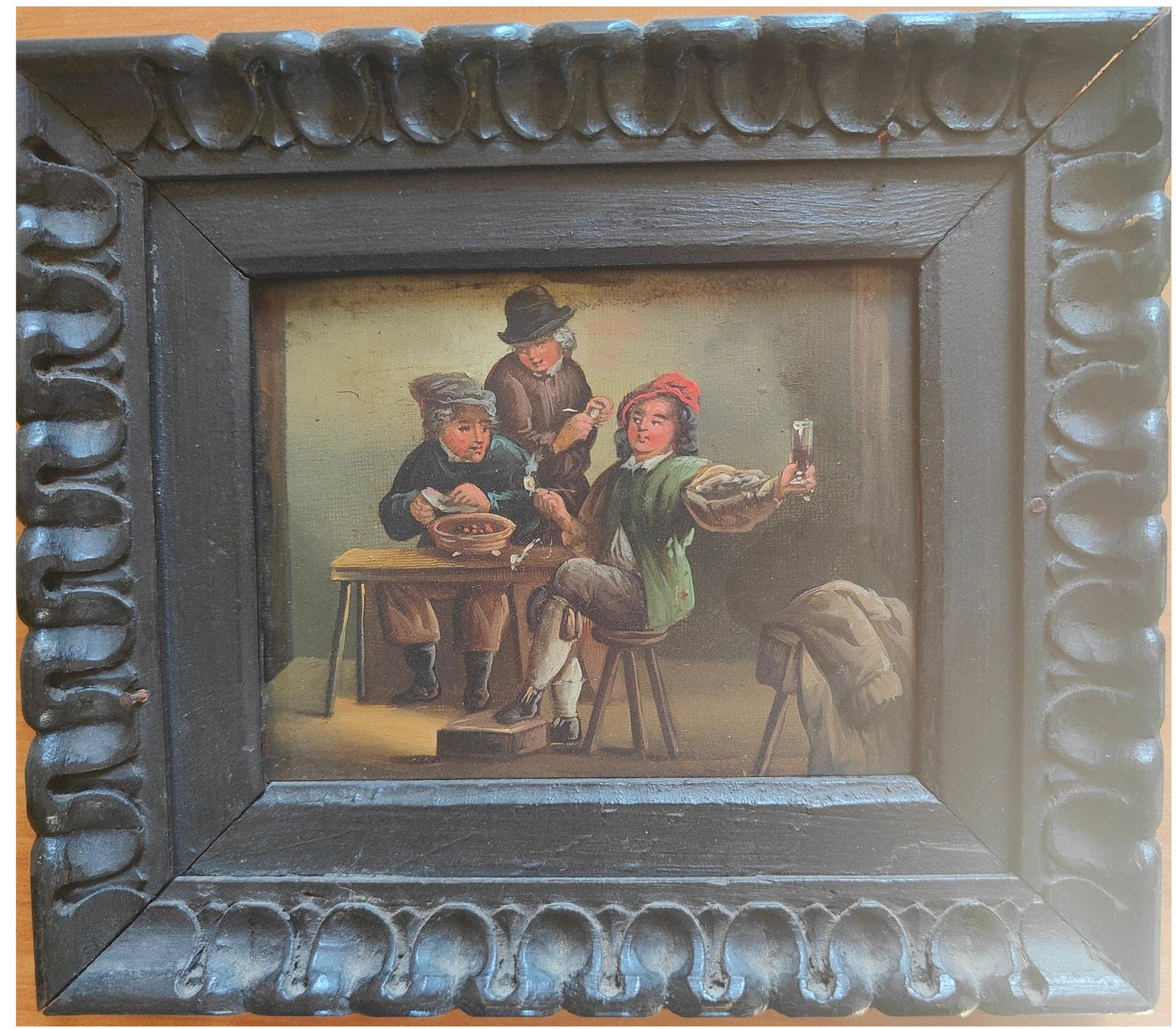 Peinture à l’huile sur métal représentant une scène de cabaret, œuvre originale non signée