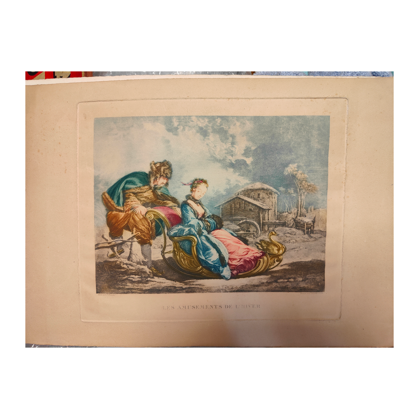 Les amusements de l'hiver gravure Boucher gravée par Daulle scènes hivernales jeux et loisirs art graphique XVIIIe siècle