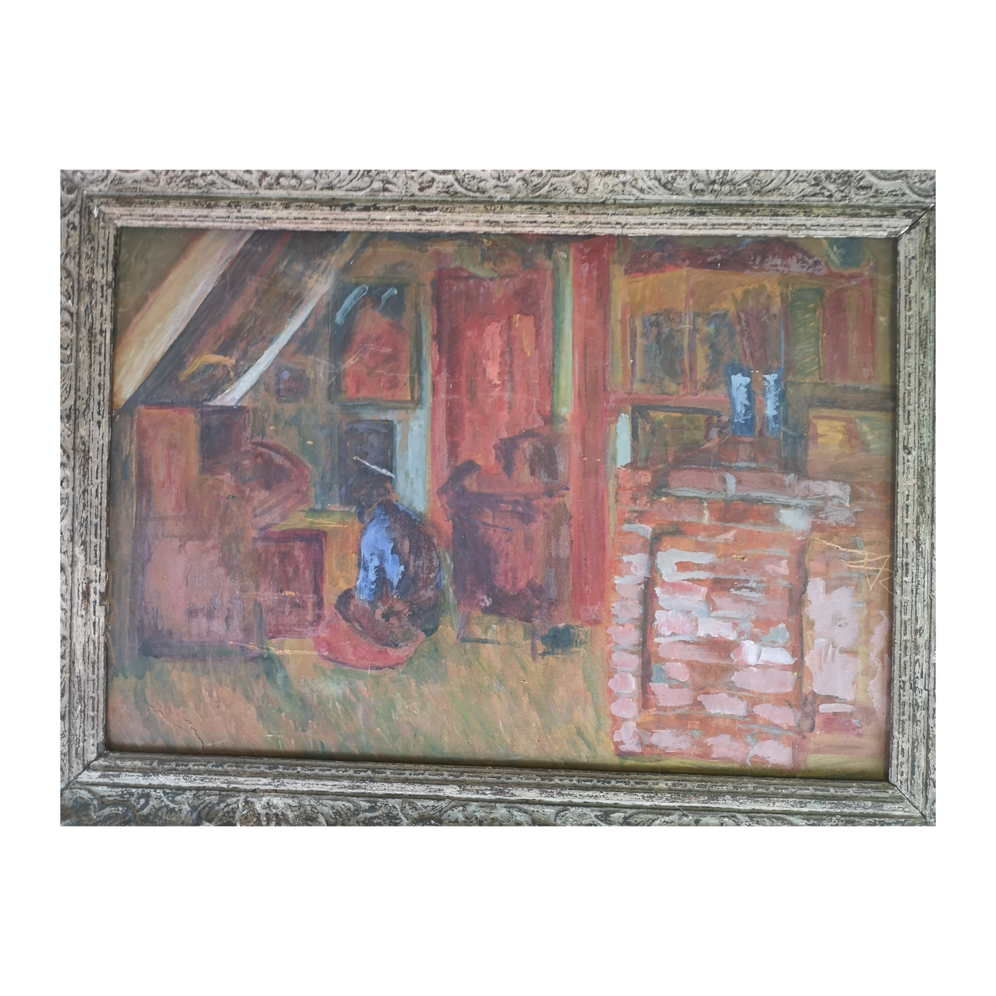 Assis près du poêle huile sur carton Tolmer Bonen scène intimiste art moderne français 106x80 cm 800 euros