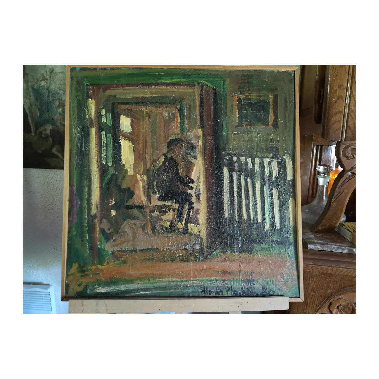 Au piano huile sur panneau École Danoise scène musicale art nordique 63x63 cm 600 euros