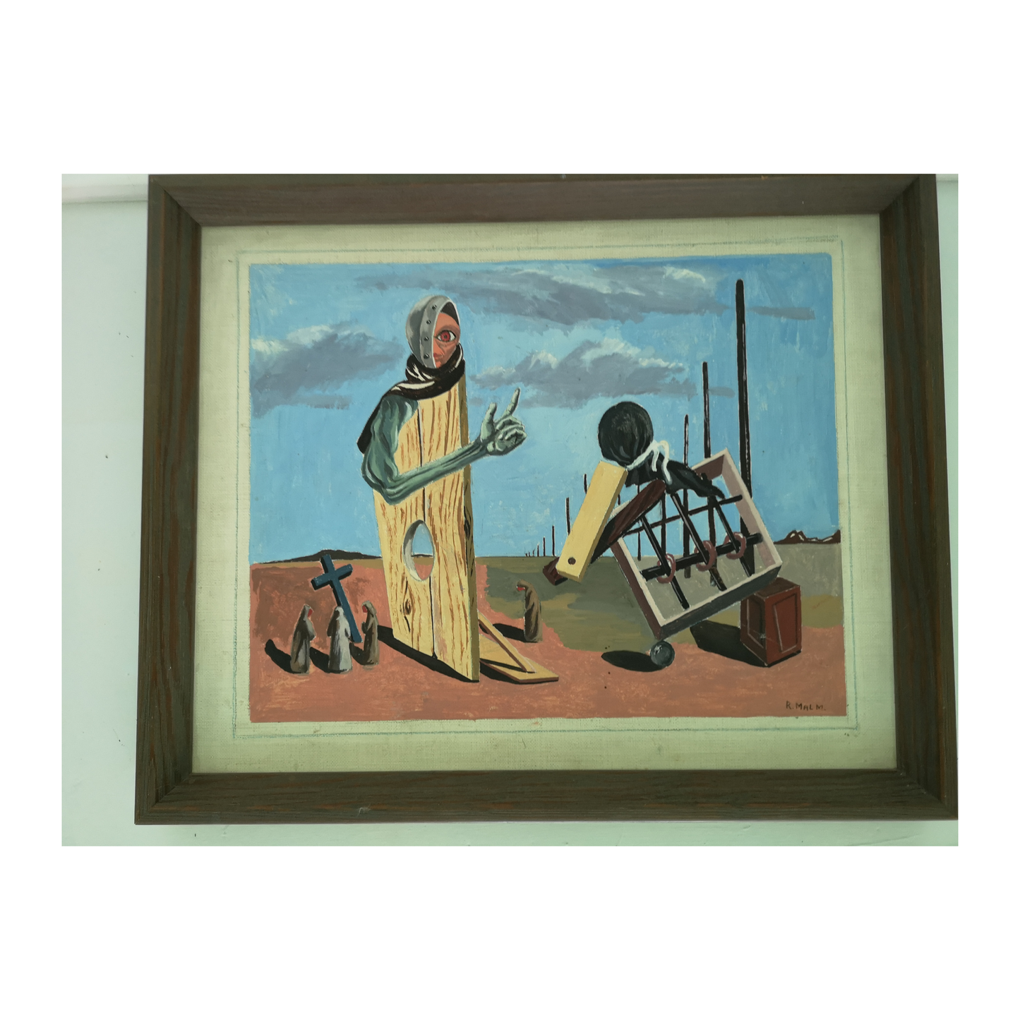 Chemin de Croix peinture à l'huile R. Malm scène religieuse procession symbolique art moderne