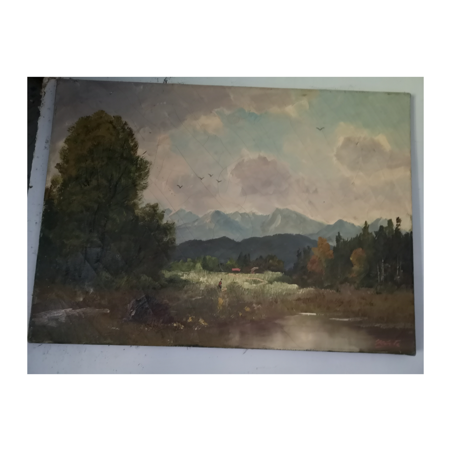Paysage alpin huile sur toile École Allemande vue montagneuse scène alpine nature art moderne