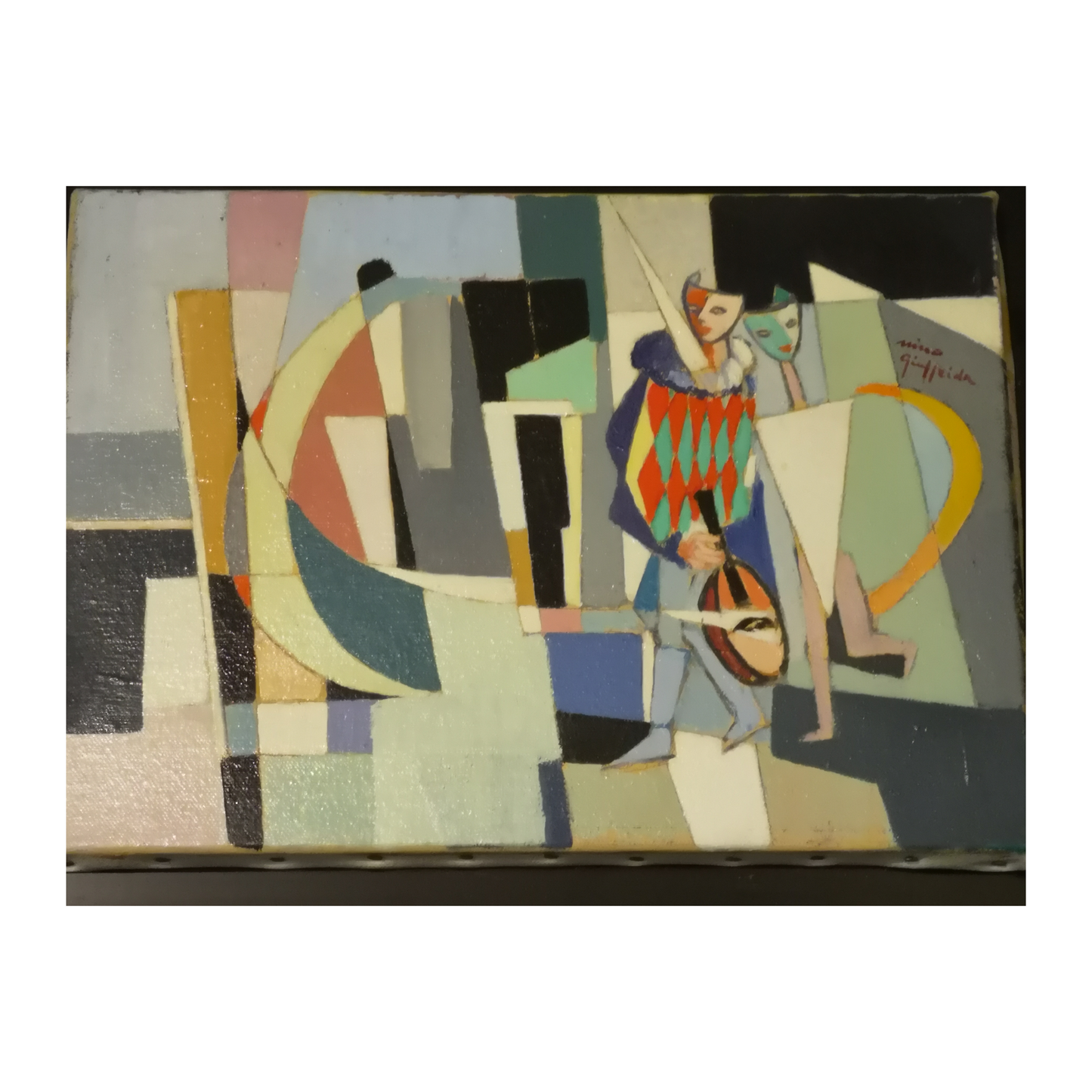 Arlequin huile sur toile Nino Giuffrida portrait costume scène artistique art italien moderne 300 euros