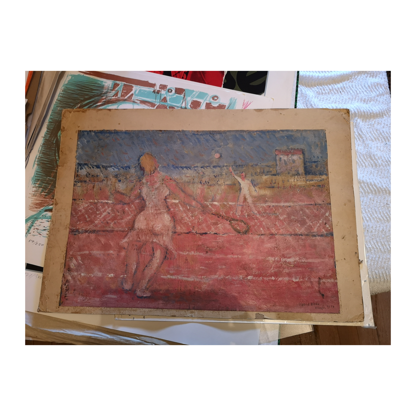 La partie de tennis huile sur carton Robert Haas scène sportive joueurs en action art moderne