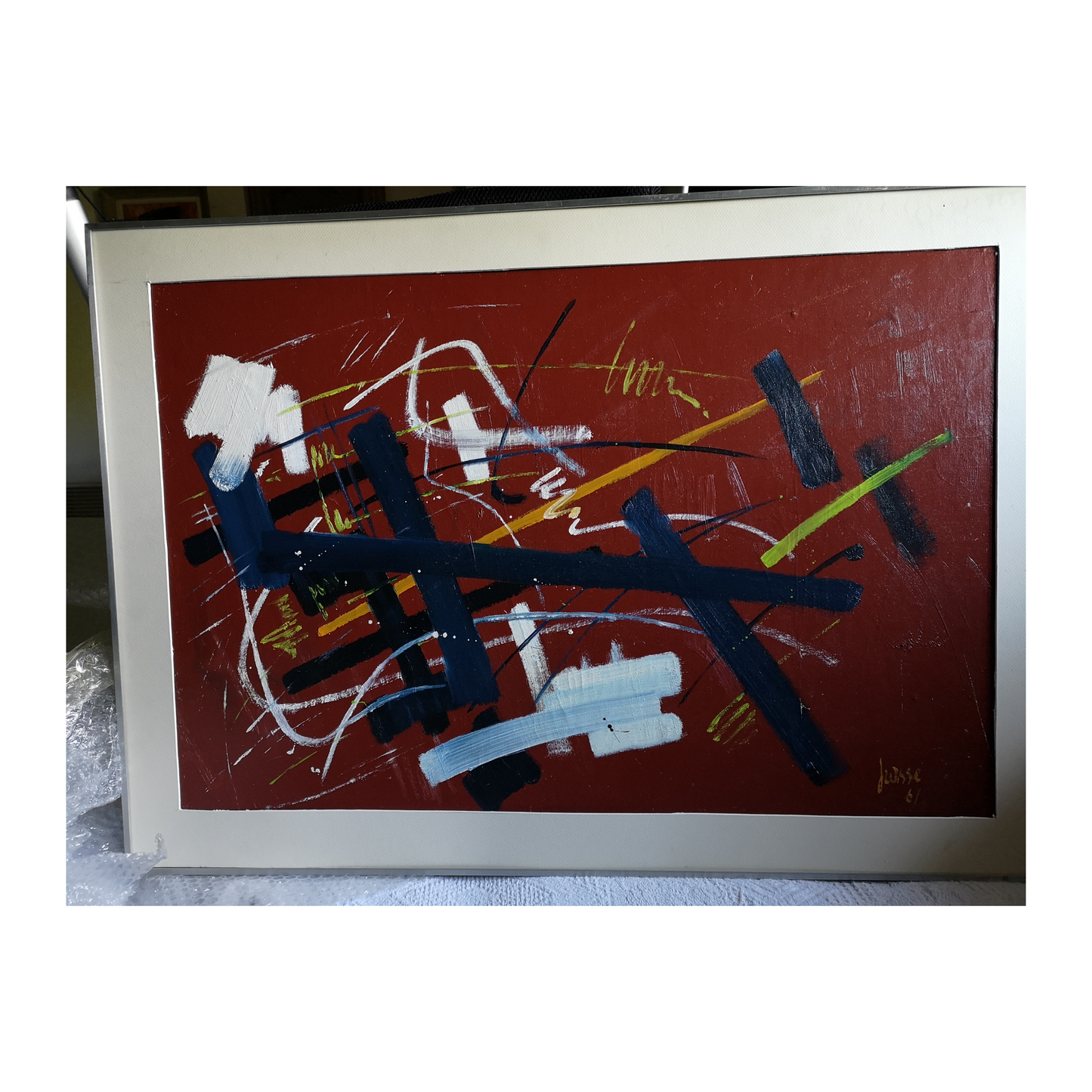Abstraction huile sur carton signature non reconnue art moderne abstrait 350 euros