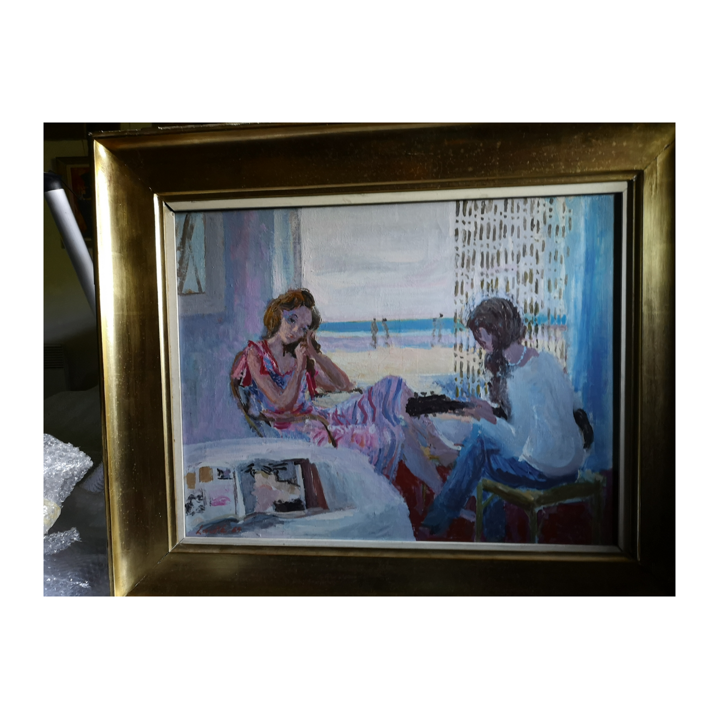 Sur la plage huile sur toile non signée paysage côtier scène balnéaire art européen 400 euros