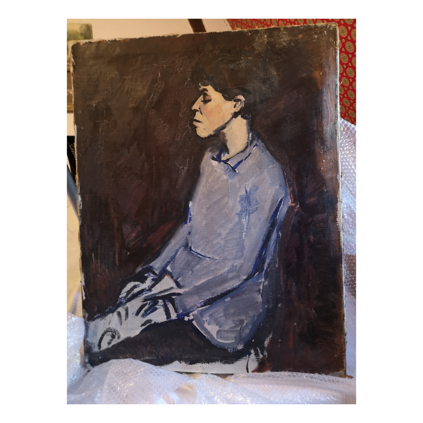 Solitude peinture à l'huile non signée figure solitaire ambiance contemplative art moderne