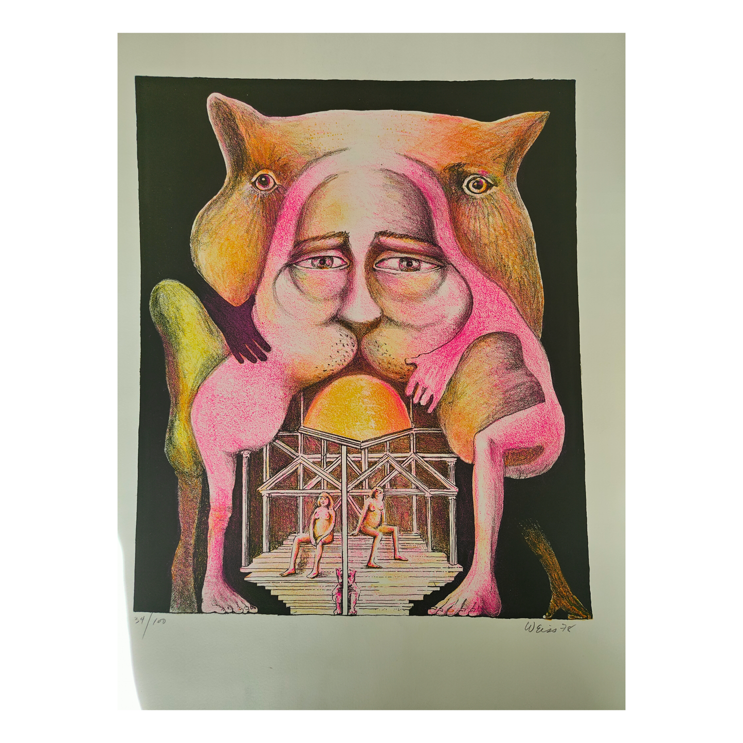 L'Homme Chat lithographie Hugh Weiss figure hybride humaine et féline art contemporain illustration graphique