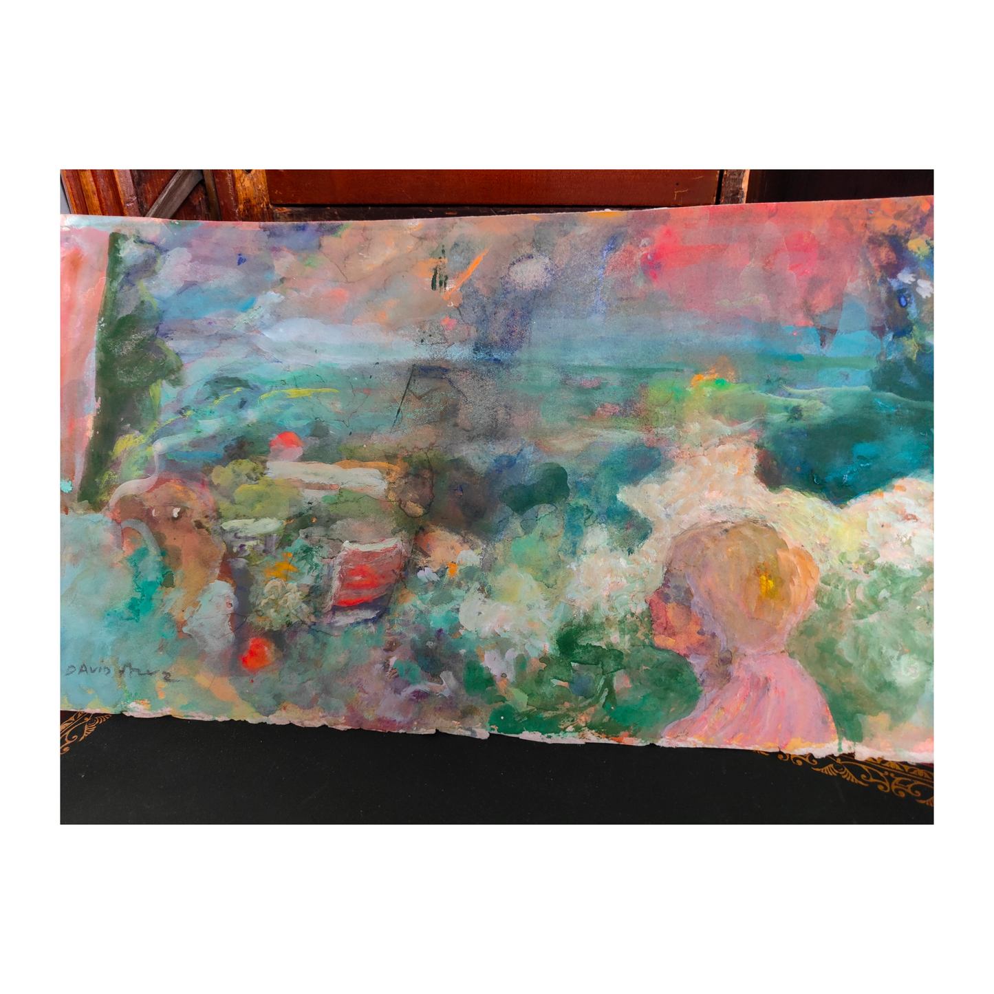 Dans le jardin gouache David Azuz scène de jardin art moderne français authentique