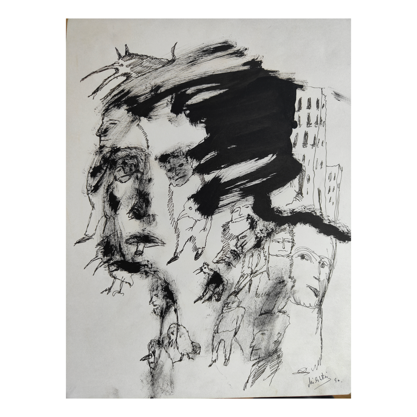 Portrait dans la ville dessin encre Zwy Milshtein art contemporain urbain 1990 24x32 cm 1500 euros