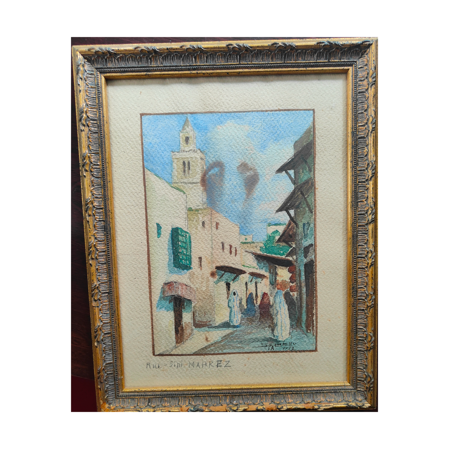 Rue Sidi Mahrez Tunis aquarelle Salvatore Palumbo scène orientaliste Tunisie art italien Maghreb 300 euros
