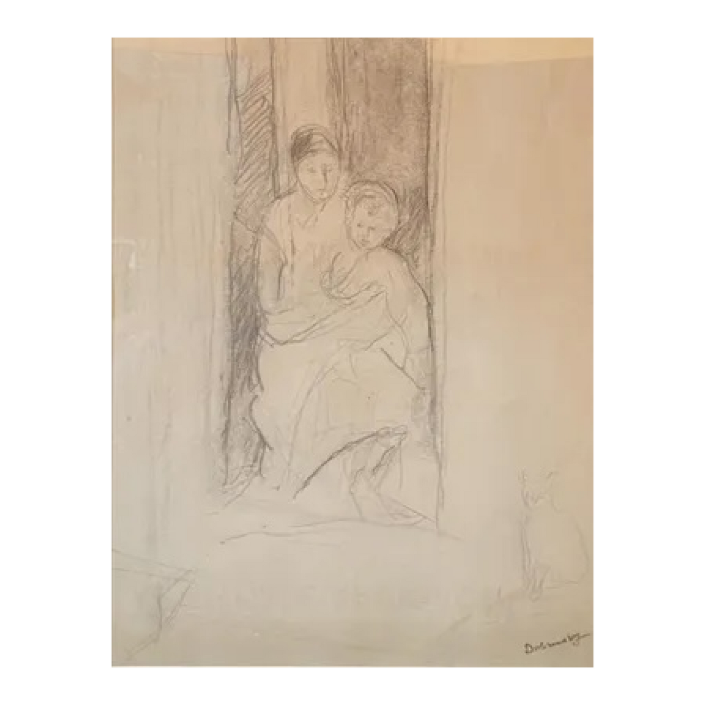 Maternité dessin Isaac Dobrinski scène maternelle mère et enfant art graphique figuratif contemporain 600 euros