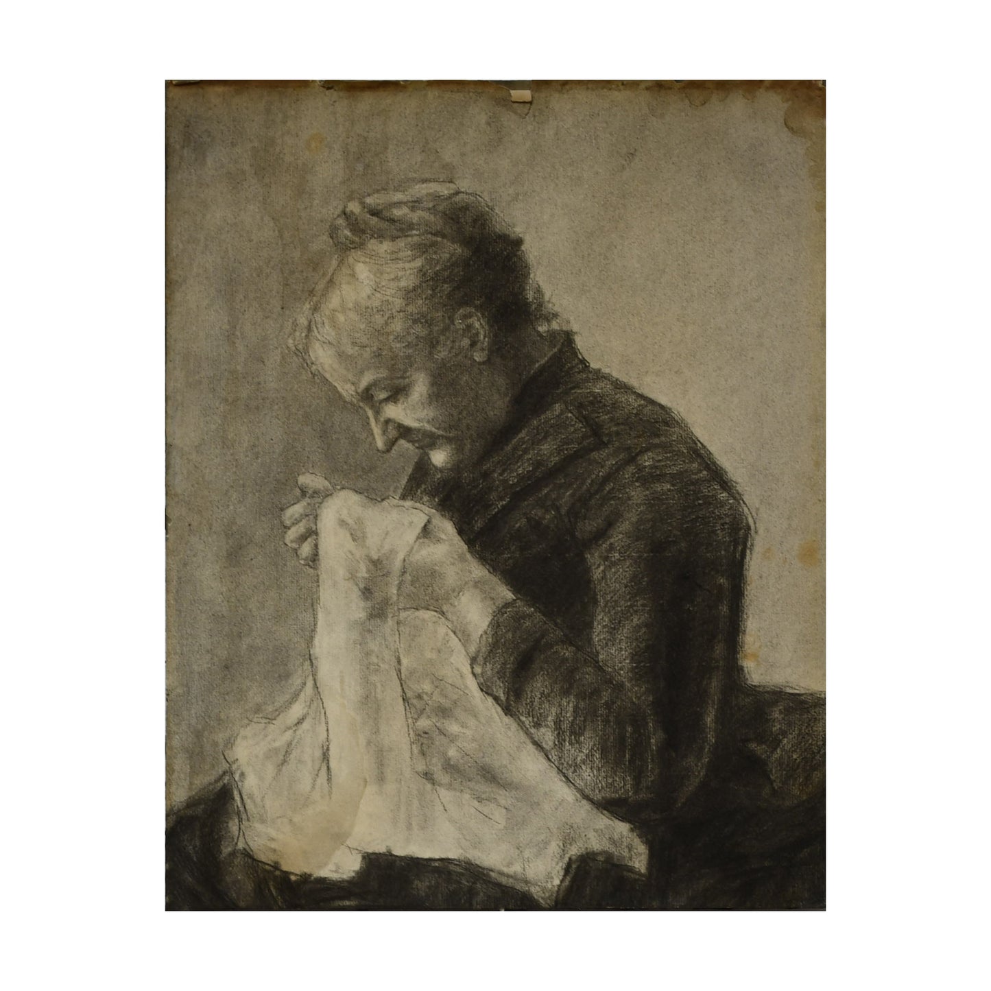 Femme à la couture dessin scène intimiste couture travail féminin art français authentique