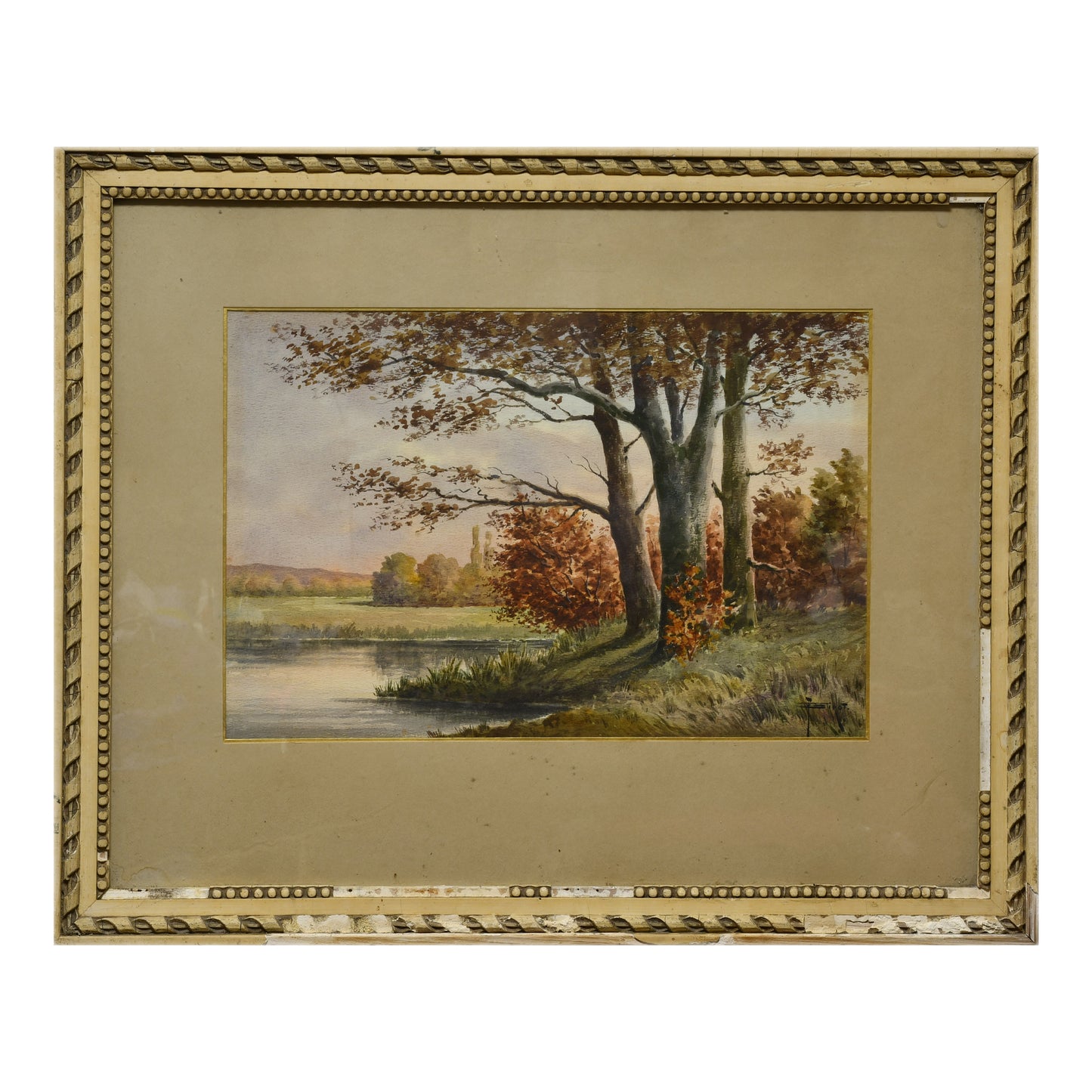 Arbre au Bord de l'Eau aquarelle paysage fluvial nature signature non reconnue art français authentique