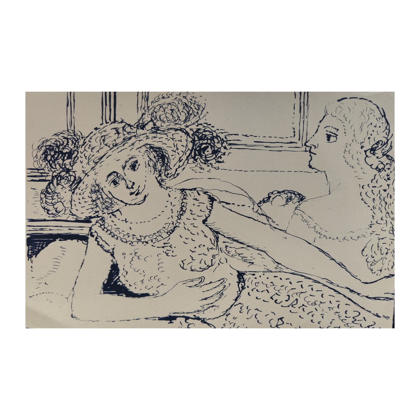 Carte de vœux Les Deux Femmes gravure Paul Delvaux illustration artistique femmes scène urbaine art graphique contemporain