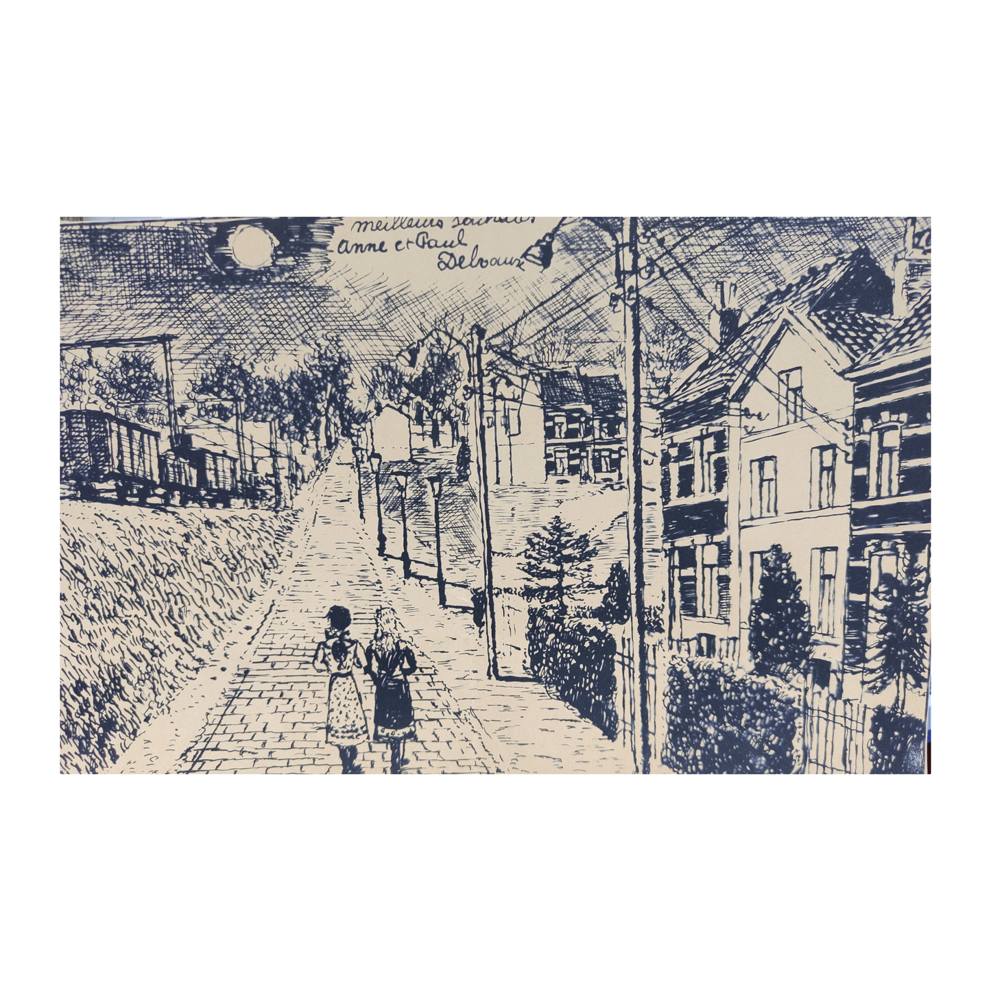 Carte de vœux Deux Filles dans la Rue gravure Paul Delvaux illustration artistique jeunes filles scène urbaine art graphique contemporain