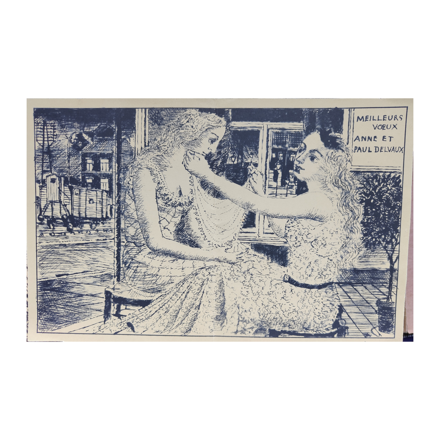 Carte de vœux Caresse gravure Paul Delvaux illustration artistique carte festive art graphique contemporain