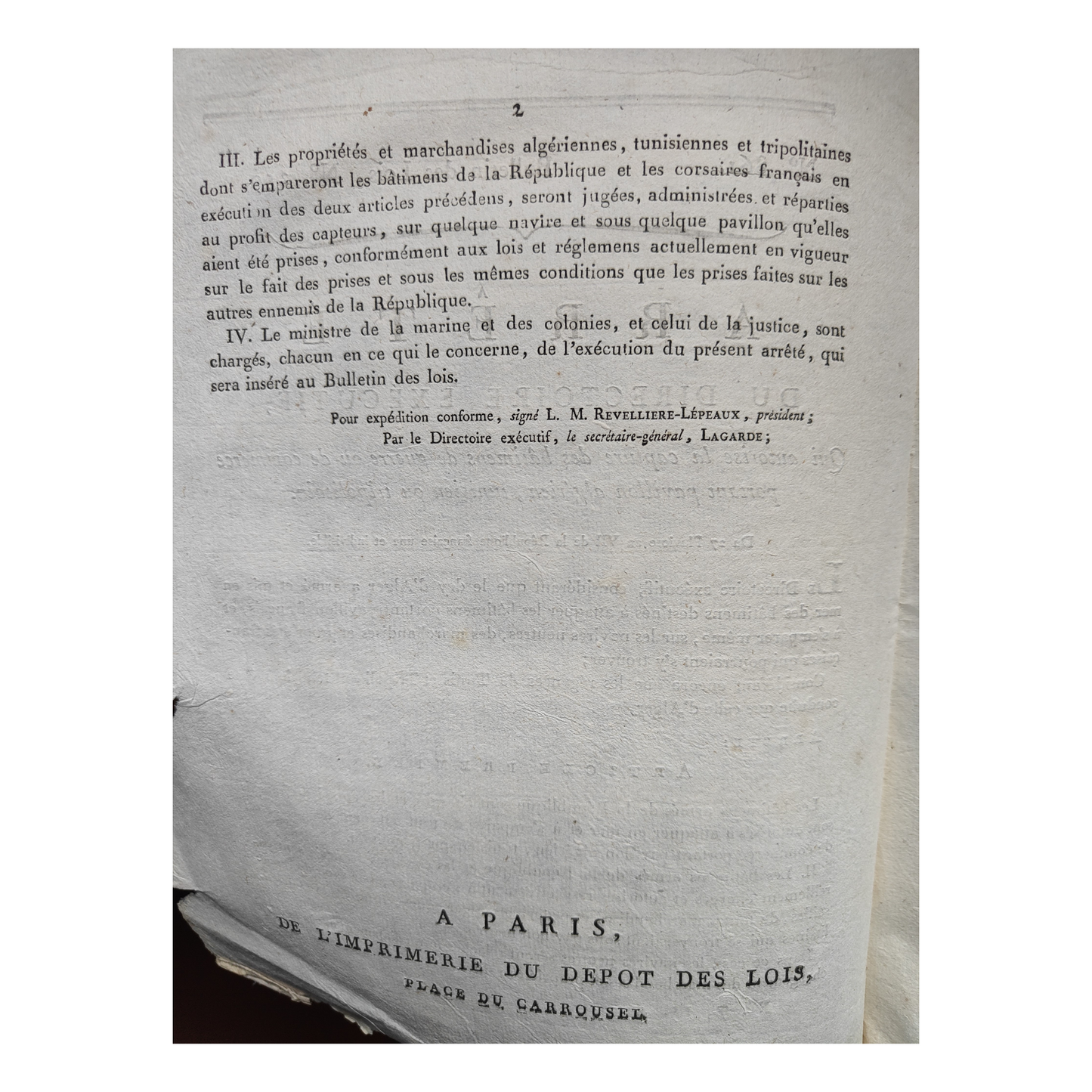 Arrêt du Directoire autorisant la capture des navires d'Afrique du nord document original Directoire 27 pluviose an VII 1799 110 euros