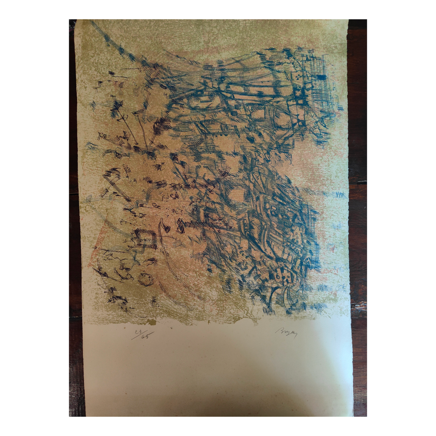 Composition aux tons bleus lithographie Camille Bryen art abstrait informel École de Paris justifiée 23/65 74x48 cm 350 euros