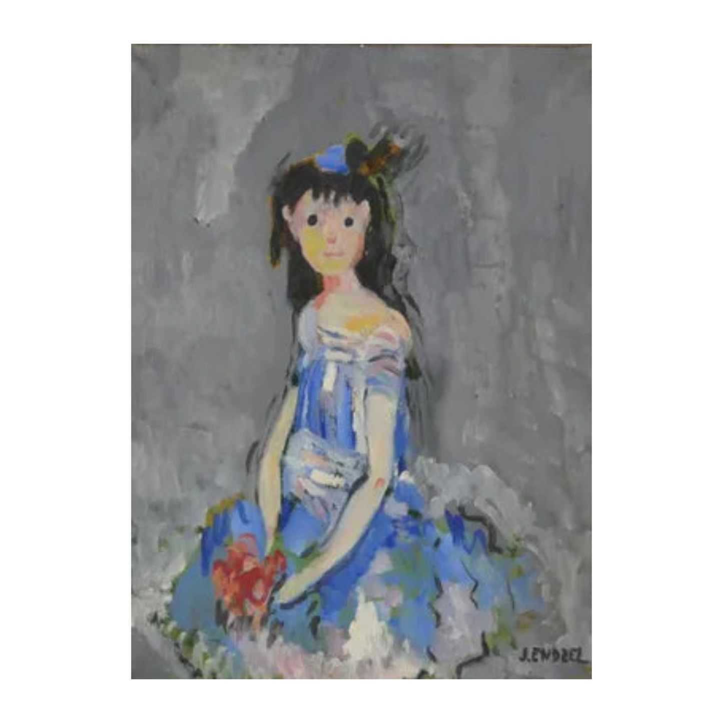 Portrait de fillette en bleu huile sur toile Jacques Endzel portrait enfant art contemporain français 61x46 cm 850 euros