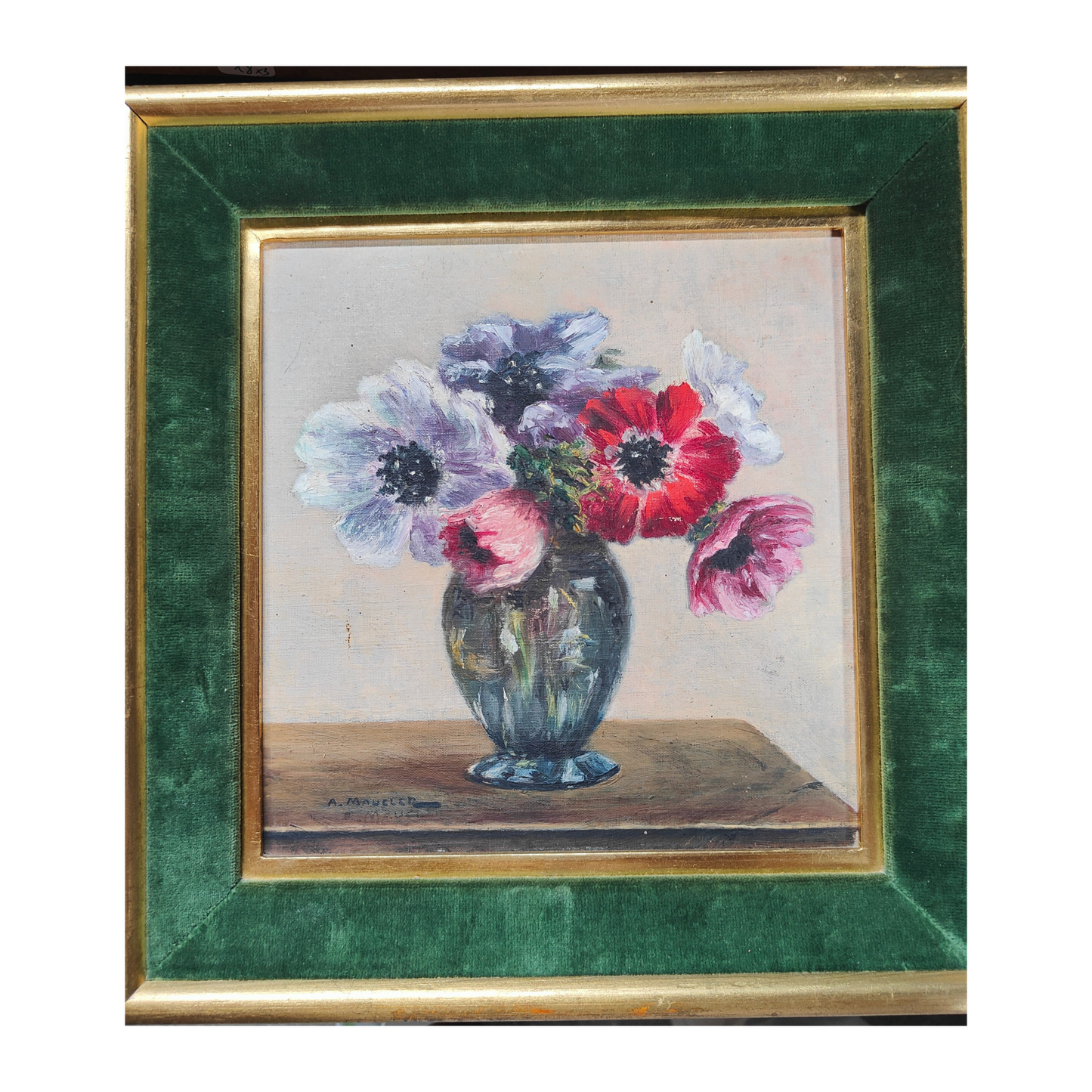 Bouquet d’anémones huile sur isorel Auguste Maucler nature morte fleurs peinture figurative