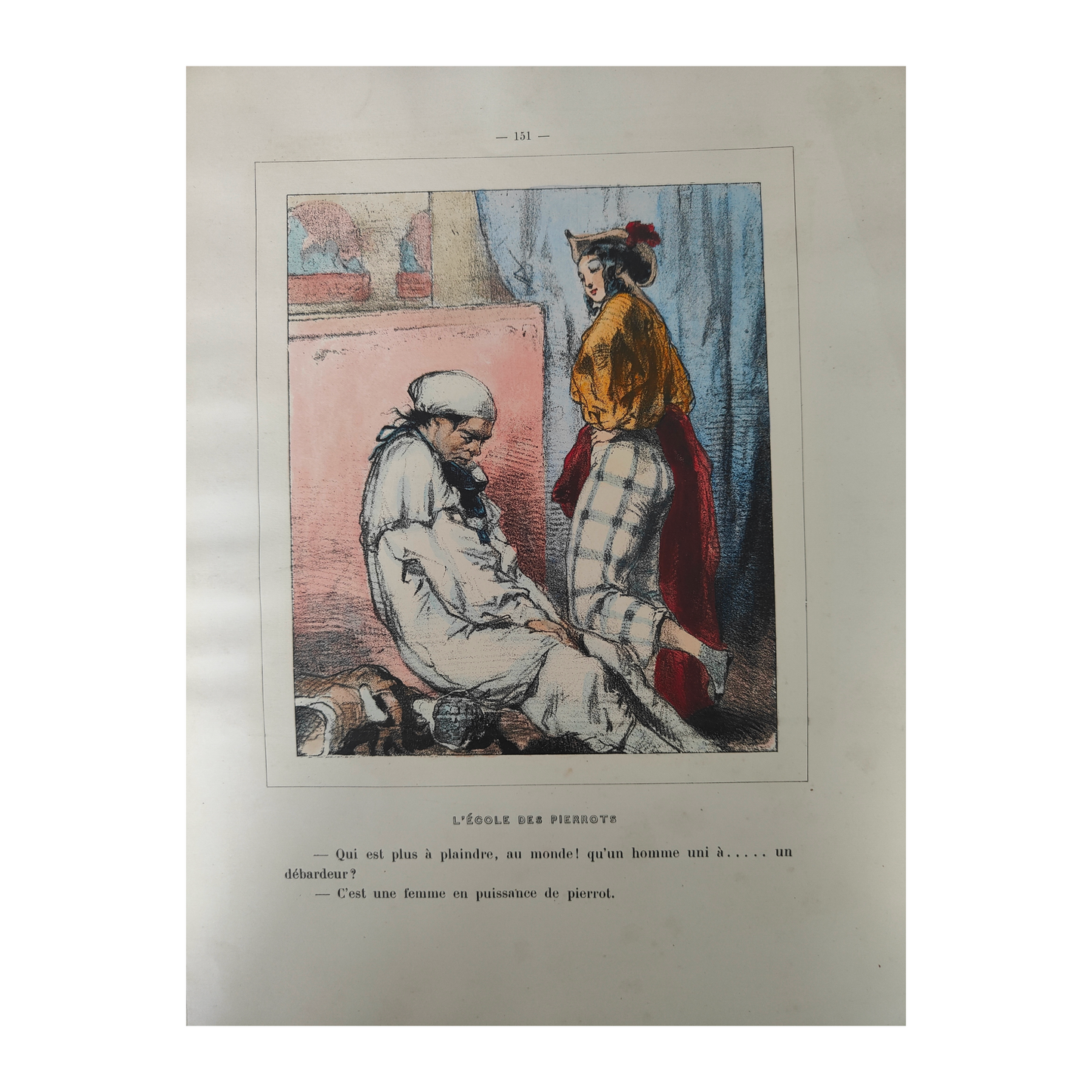 L'école des Pierrots lithographie Paul Gavarni scène de théâtre personnages costumés Pierrots art graphique XIXe siècle