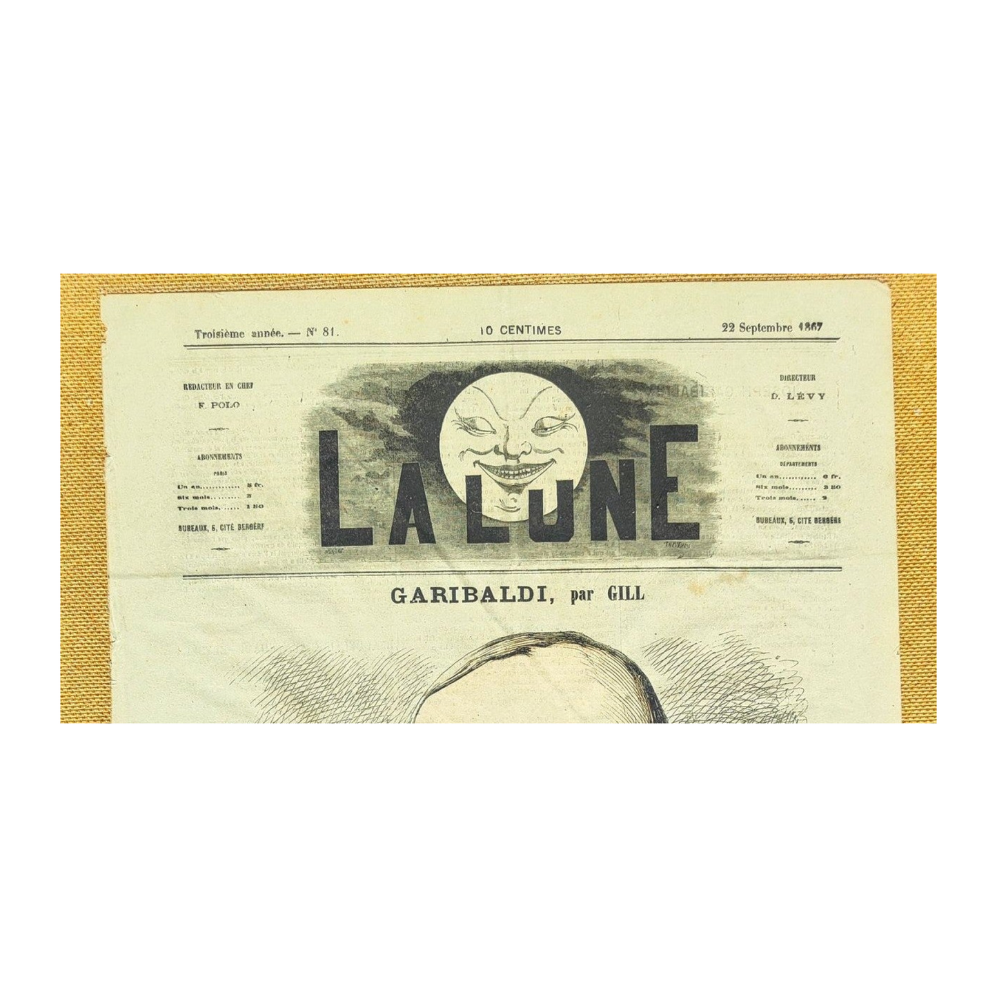 Caricature de Garibaldi en une du journal La Lune, lithographie originale ancienne bien encadrée au format 50 x 40 cm