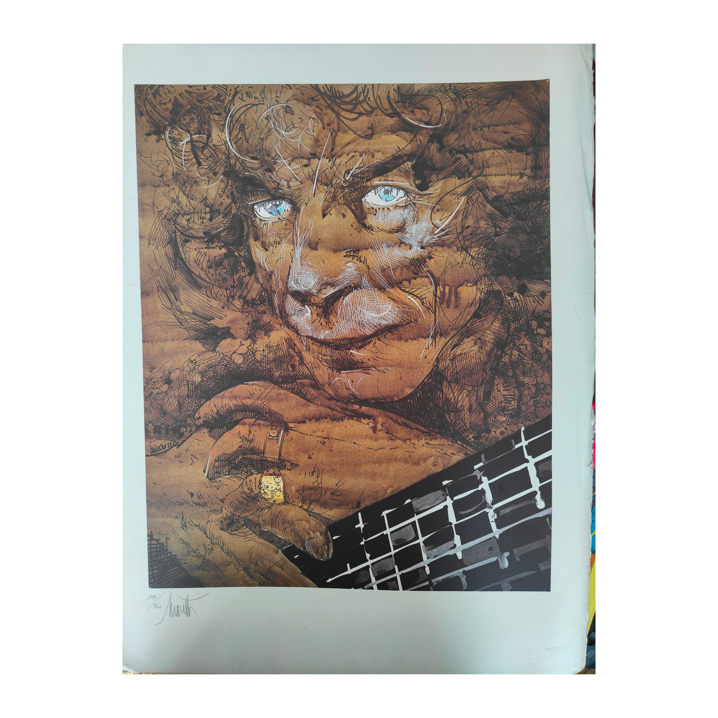 Manitas de Plata lithographie Raymond Moretti portrait guitariste scène musicale flamenco art contemporain