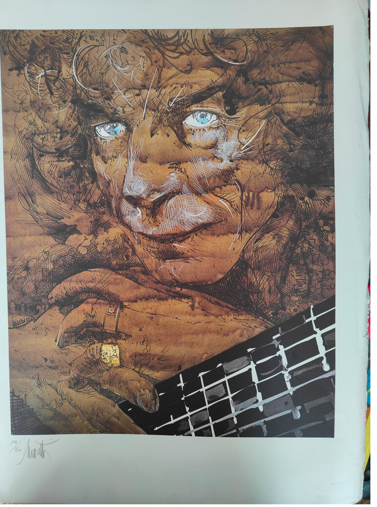Manitas de Plata lithographie Raymond Moretti portrait guitariste scène musicale flamenco art contemporain