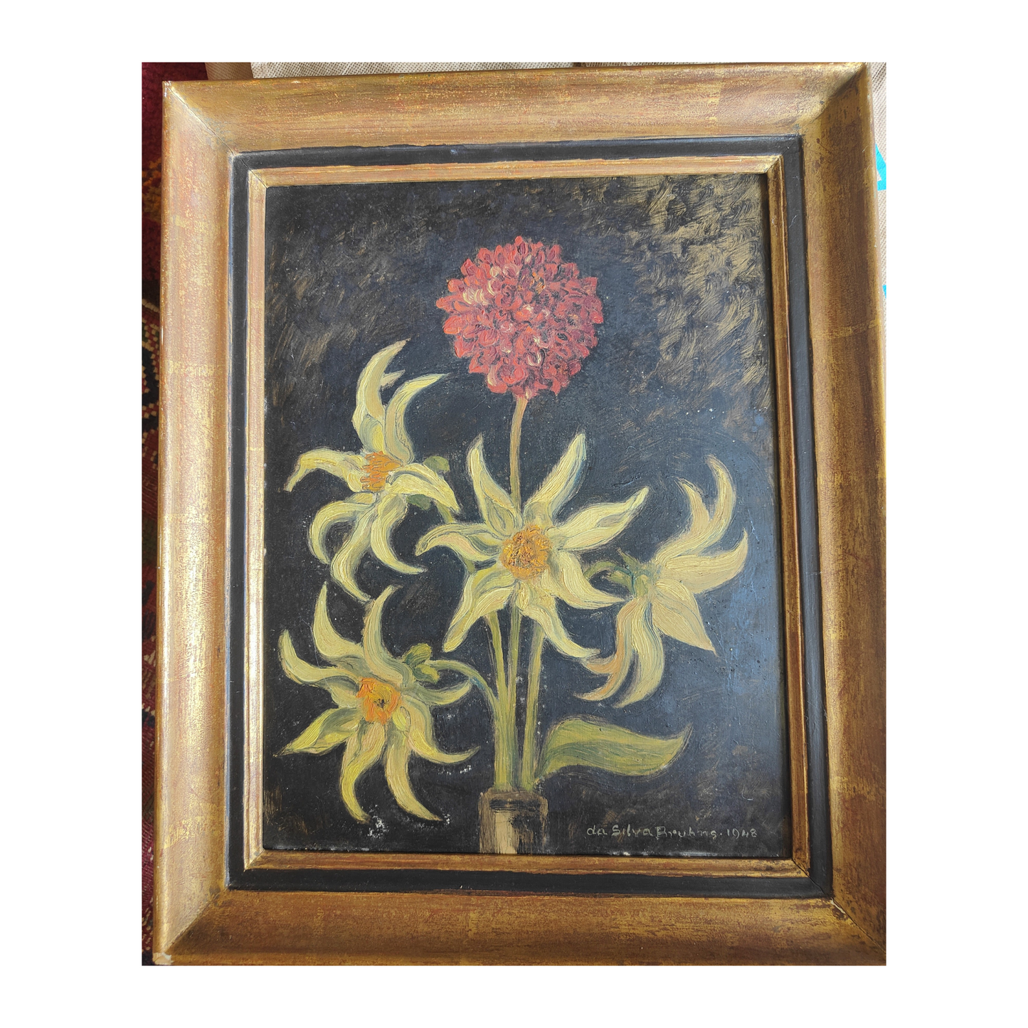 Dahlia Blanc huile sur panneau Yvan Da Silva Bruhns nature morte florale art moderne 400 euros