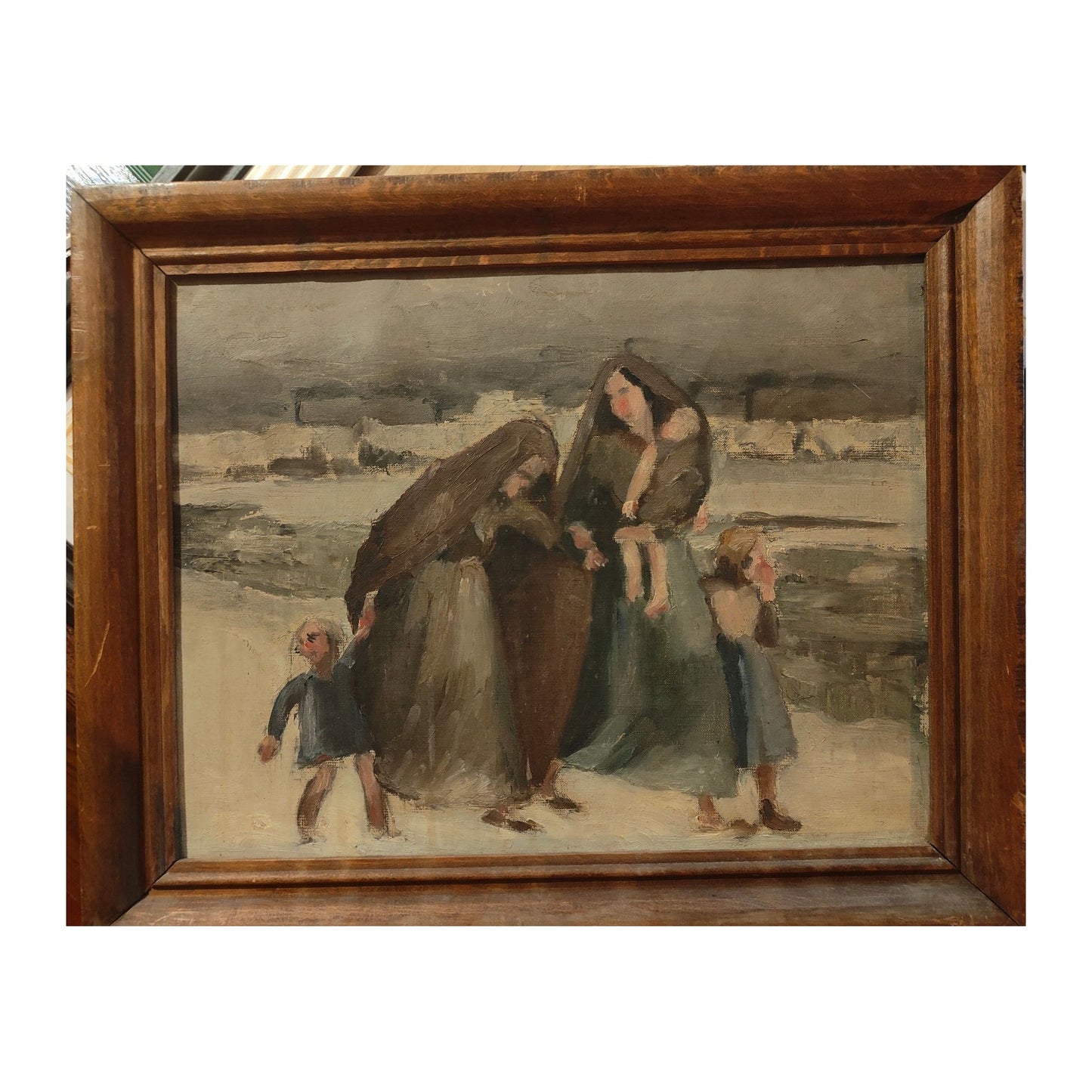 Peinture à l’huile sur carton intitulée Exode, œuvre anonyme émotive et saisissante, encadrée avec soin, pièce rare et expressive à collectionner.