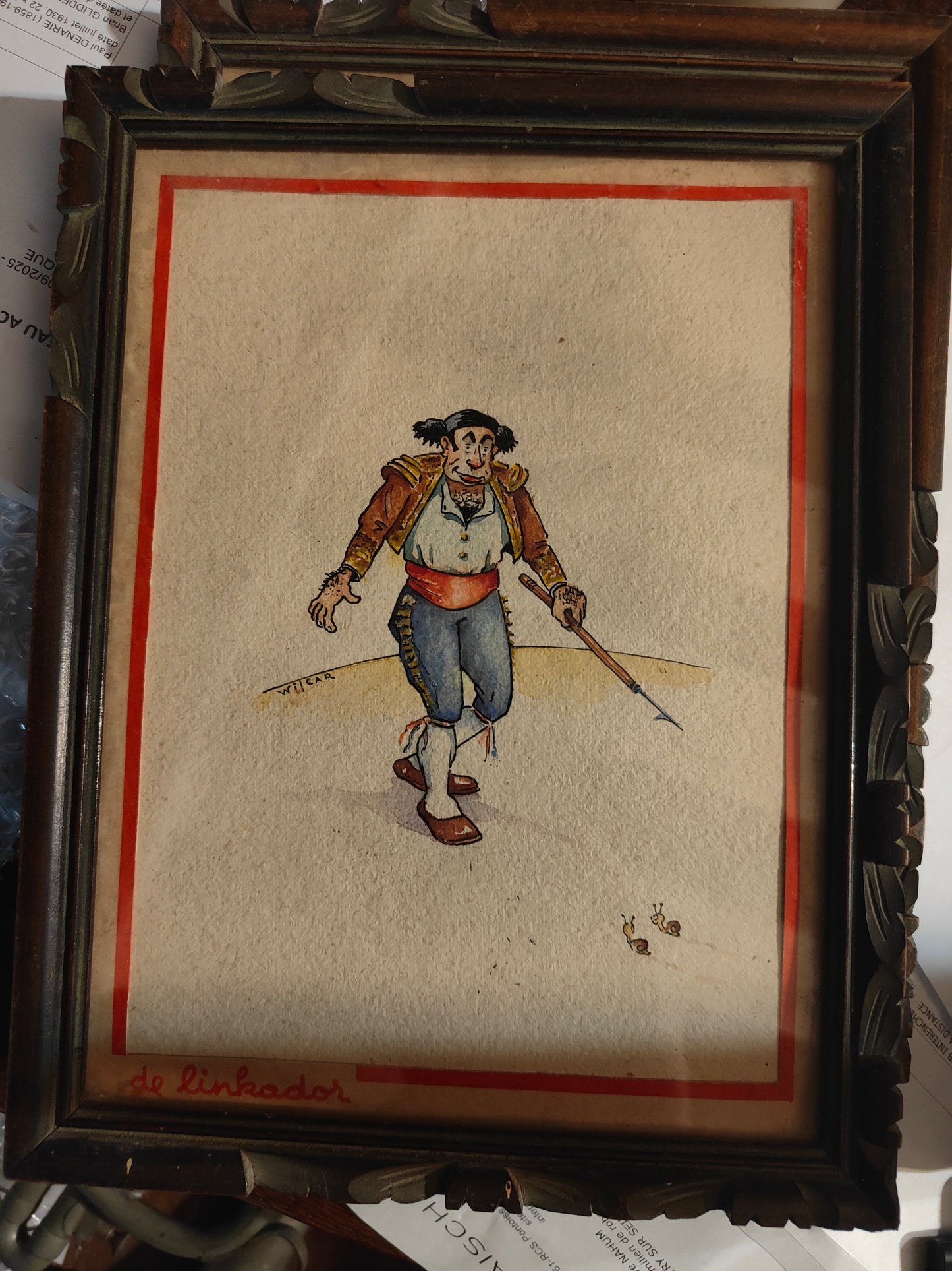 Dessin aquarellé original De Linkador de William Petit, dit Wilcar, signé et encadré, œuvre authentique pleine de mouvement et d’expression.