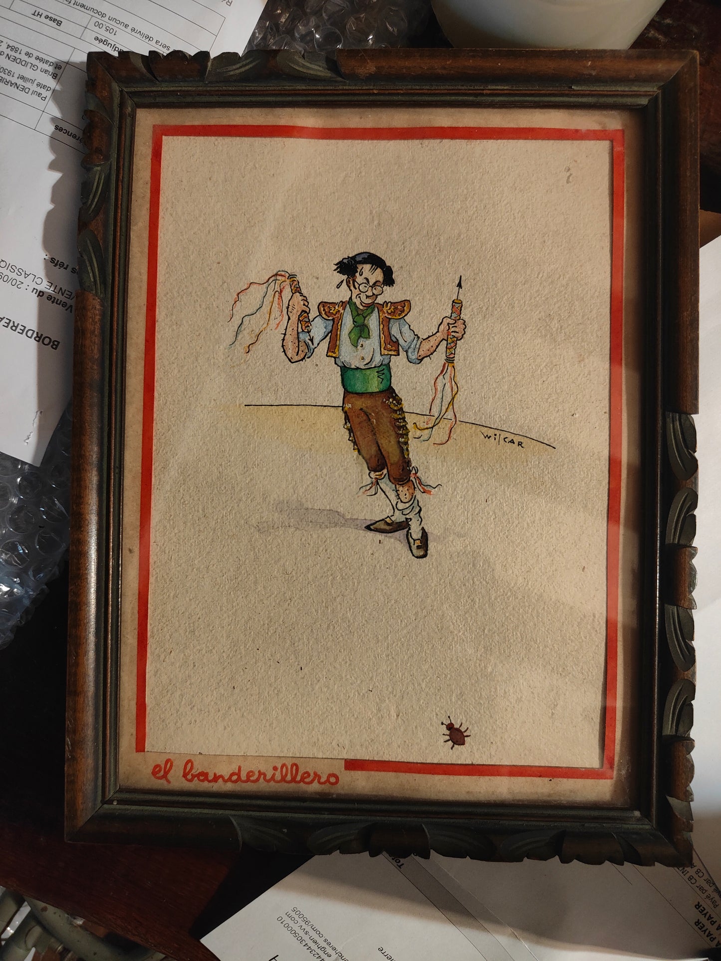 Dessin original El Banderillero de Wilcar (William Petit), aquarellé et signé, encadré avec soin. Œuvre humoristique et expressive à collectionner.