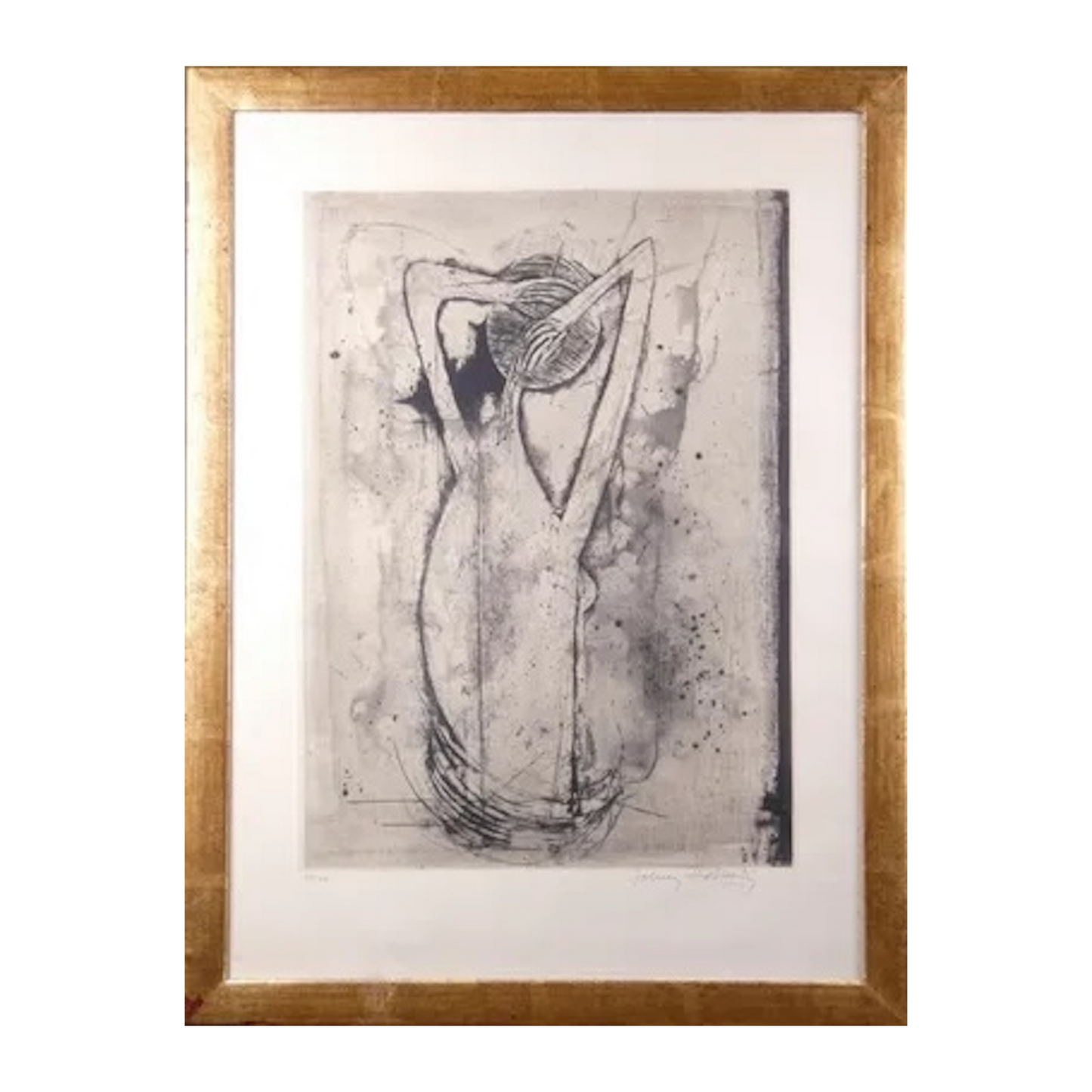 Eau-forte Femme assise de Johnny Friedlaender, signée et numérotée 34/40, encadrée sous verre dans un cadre doré, œuvre raffinée du maître graveur.