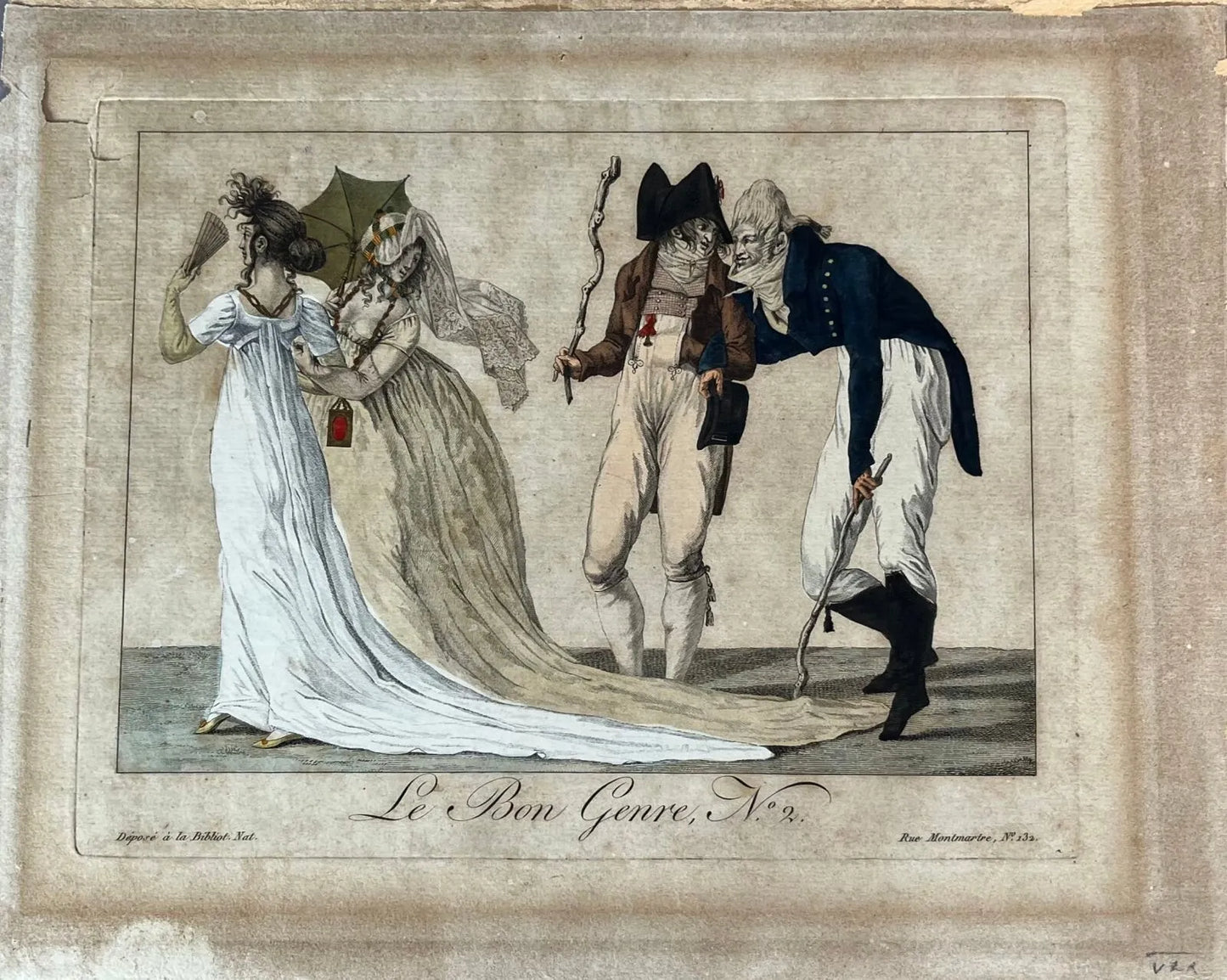 Gravure ancienne Le Bon Genre n°2 (1801), scène de mœurs colorée à la main, imprimée rue Montmartre puis rééditée en 1931, pièce rare et historique